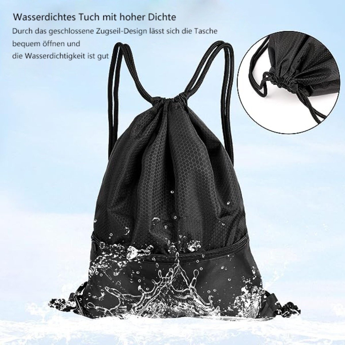 Schwarzer Kordelzugbeutel. Verfügt über ein sechseckiges Muster. Wasser spritzt auf den unteren Teil der Tasche.