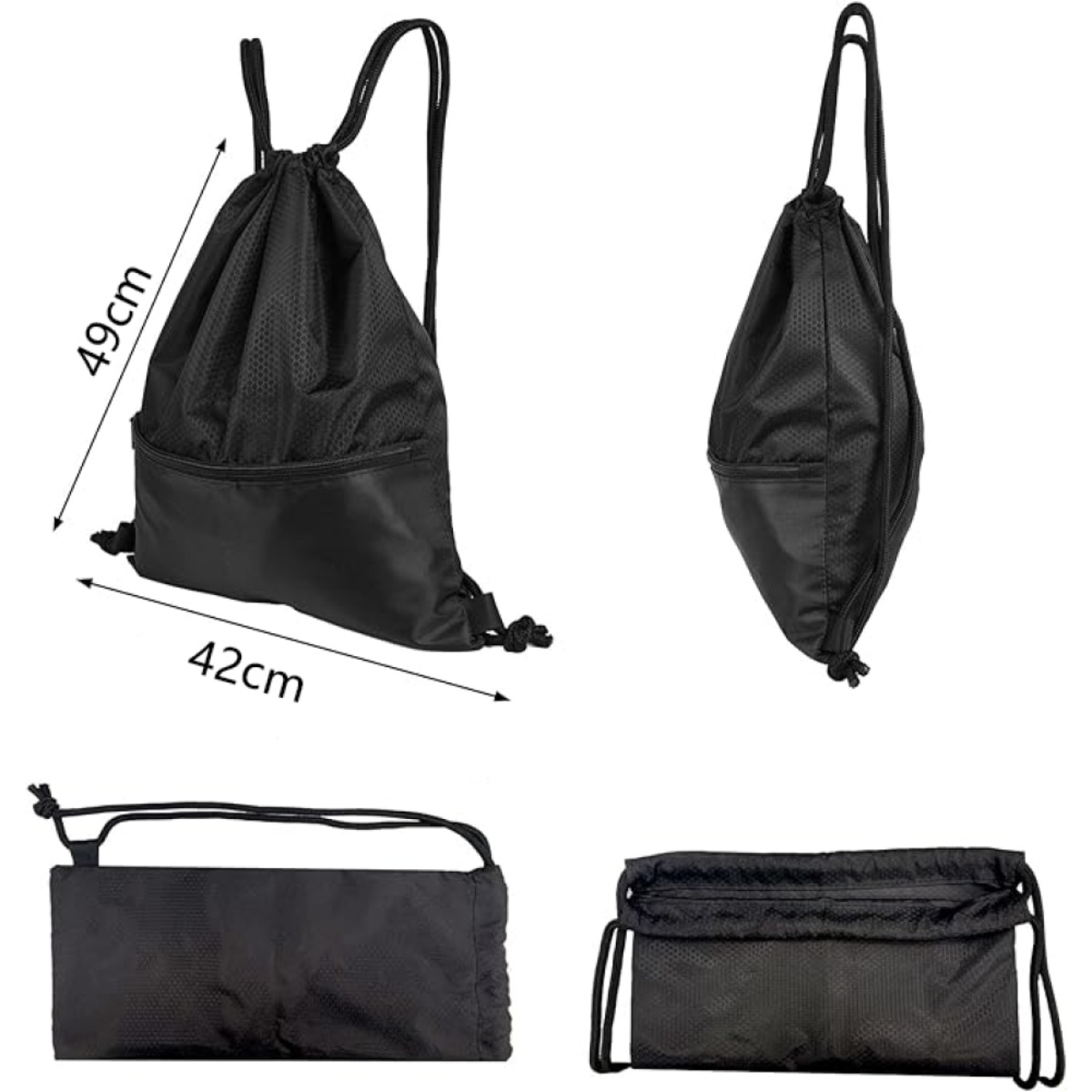 Vier Ansichten eines schwarzen Kordelzug-Rucksacks, die Abmessungen und eine Seitenansicht zeigen.