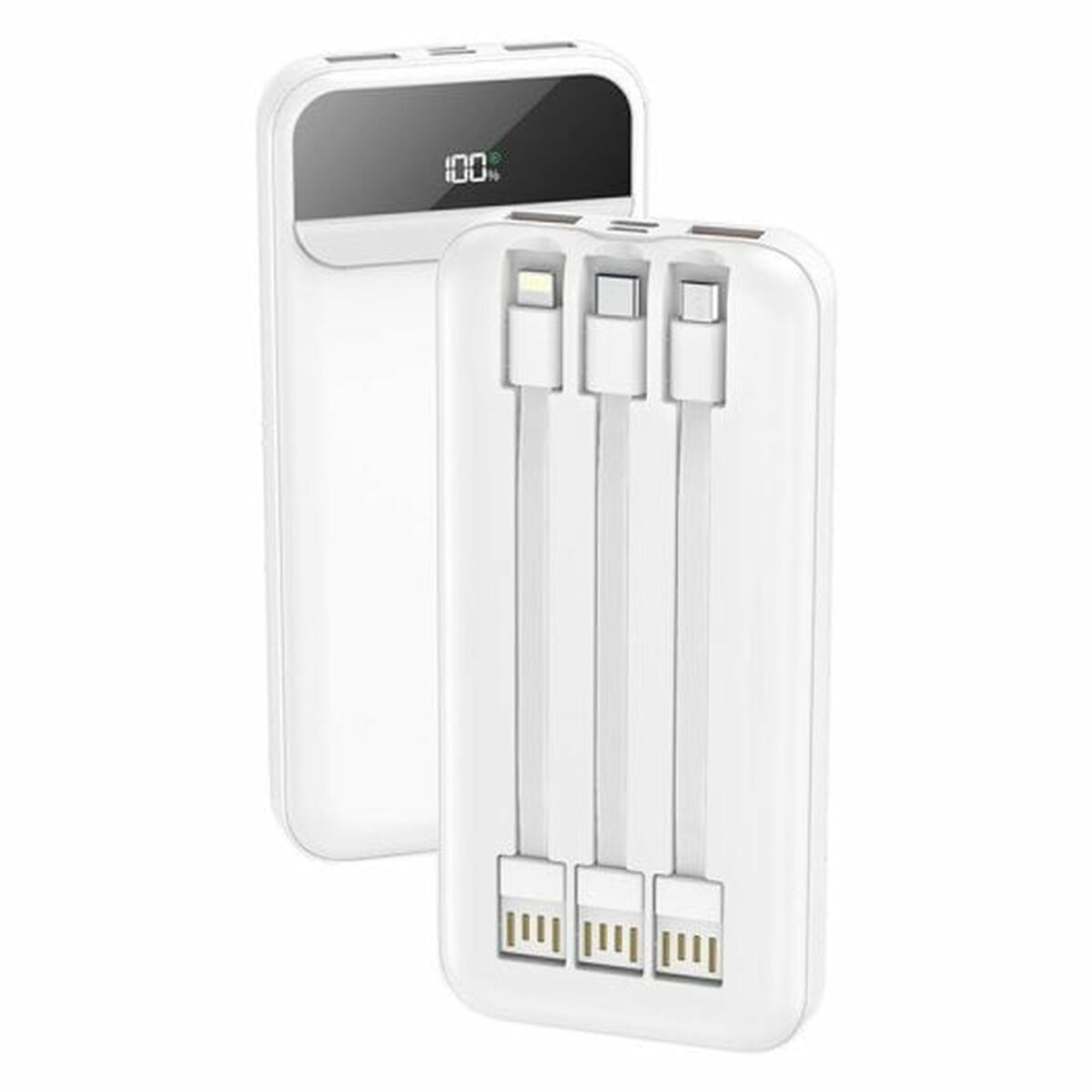 Power bank bianca con tre cavi collegati. Il display LCD mostra 100%. Bianco.