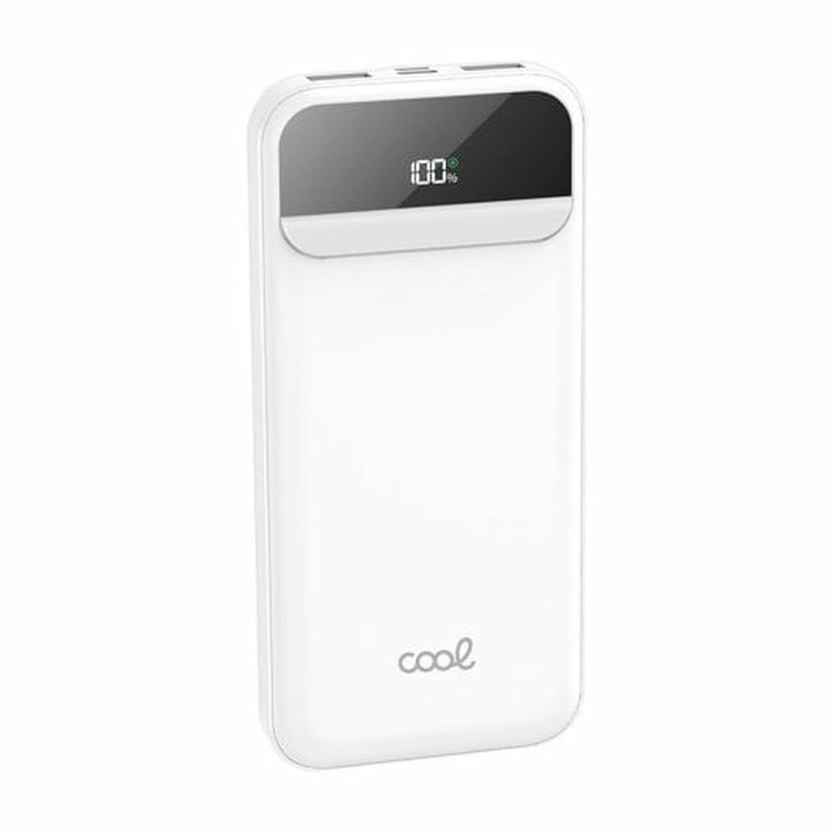 Power bank bianca con display digitale che mostra la carica al 100%.