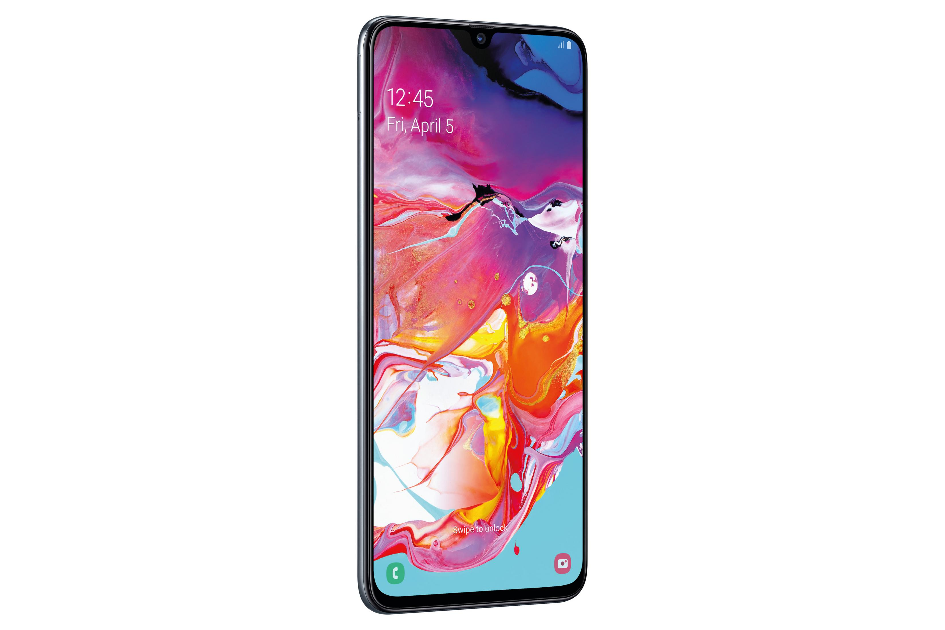 Telefon Samsung z kolorowym ekranem. Godzina to 12:45. Białe tło.