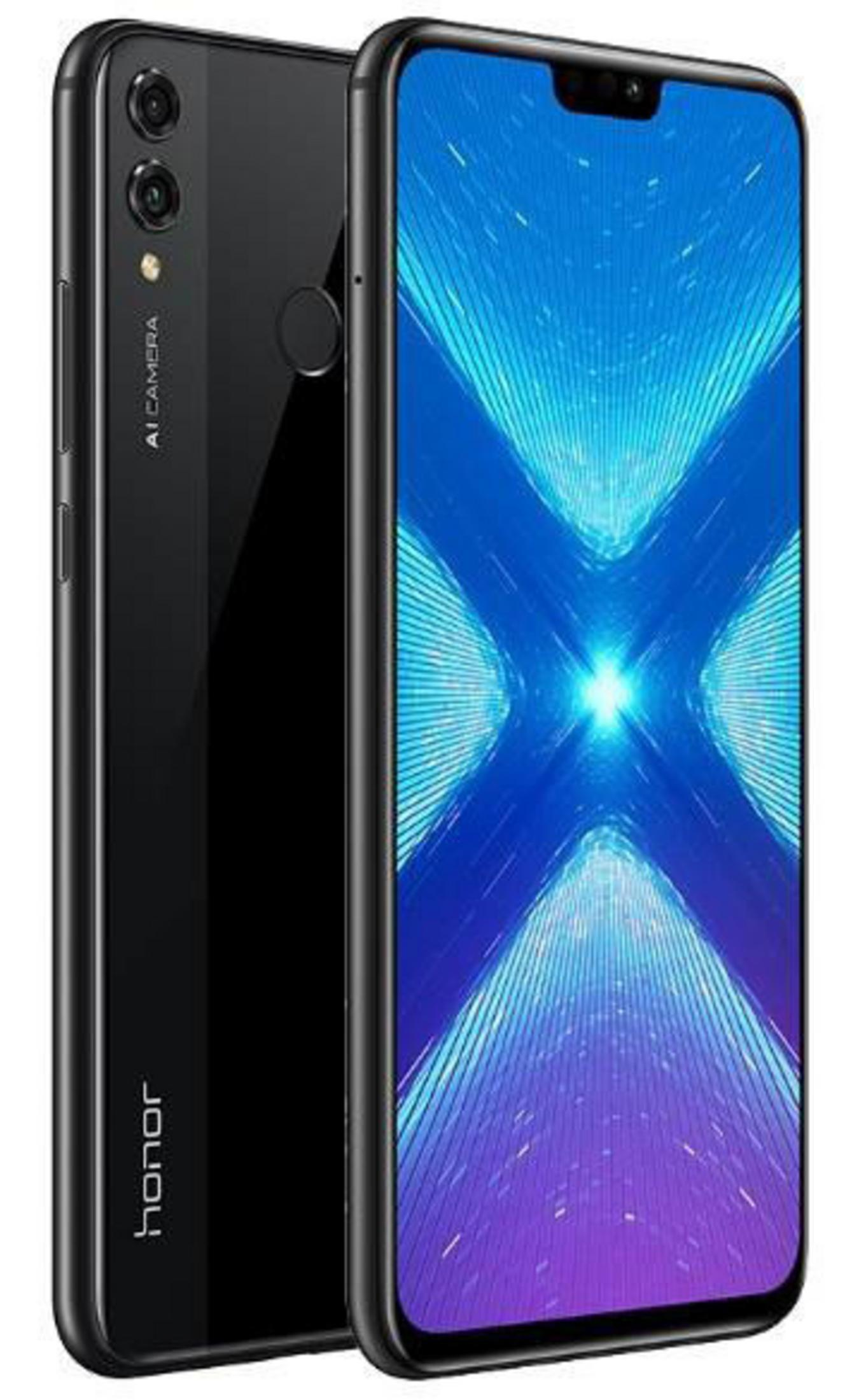 Schwarzes Smartphone mit Dual-Kamera und blau-lila Farbverlauf-Bildschirm.