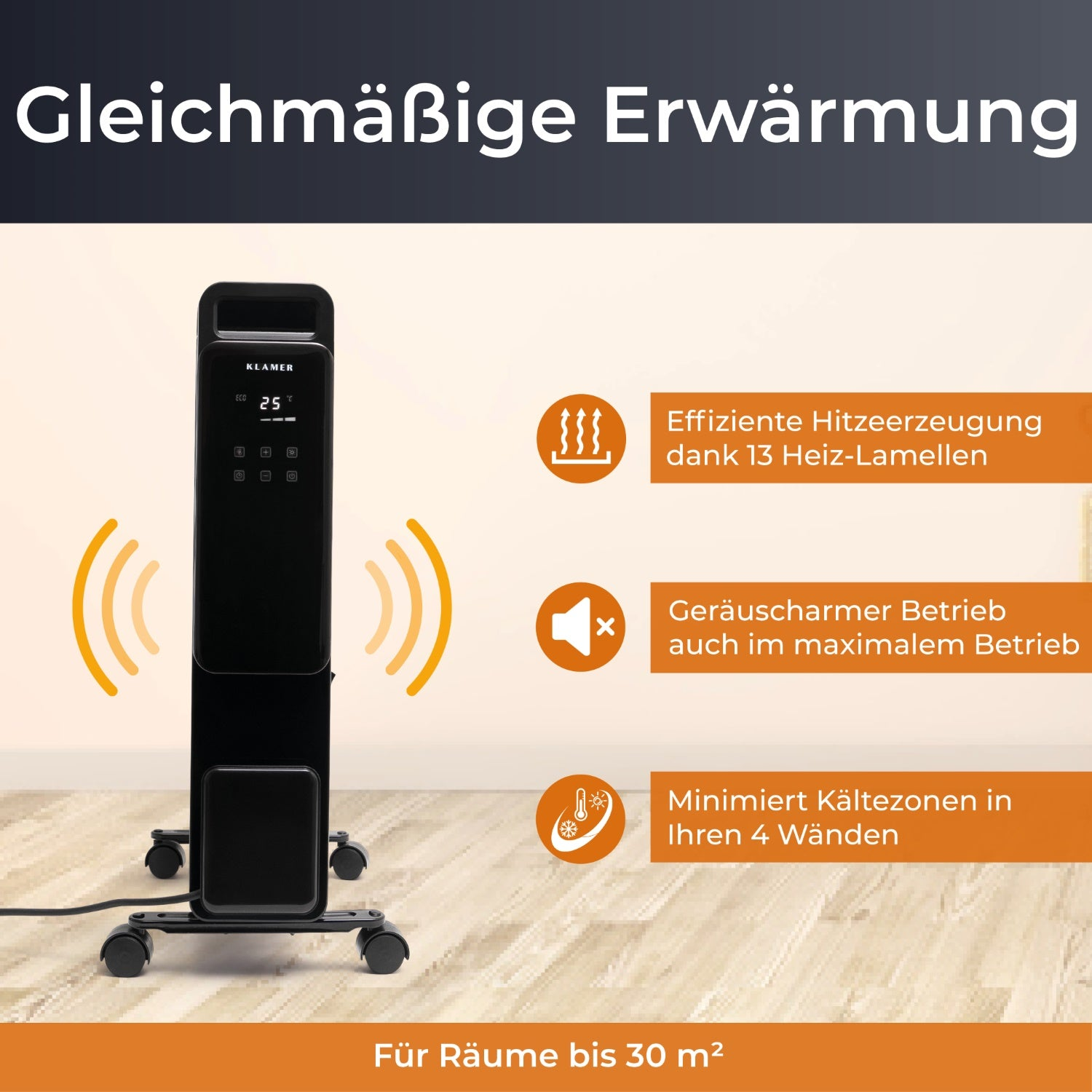 Ein schwarzer elektrischer Heizkörper mit digitaler Anzeige und Rädern. Er hat drei visuelle Symbole, die die Funktion darstellen.