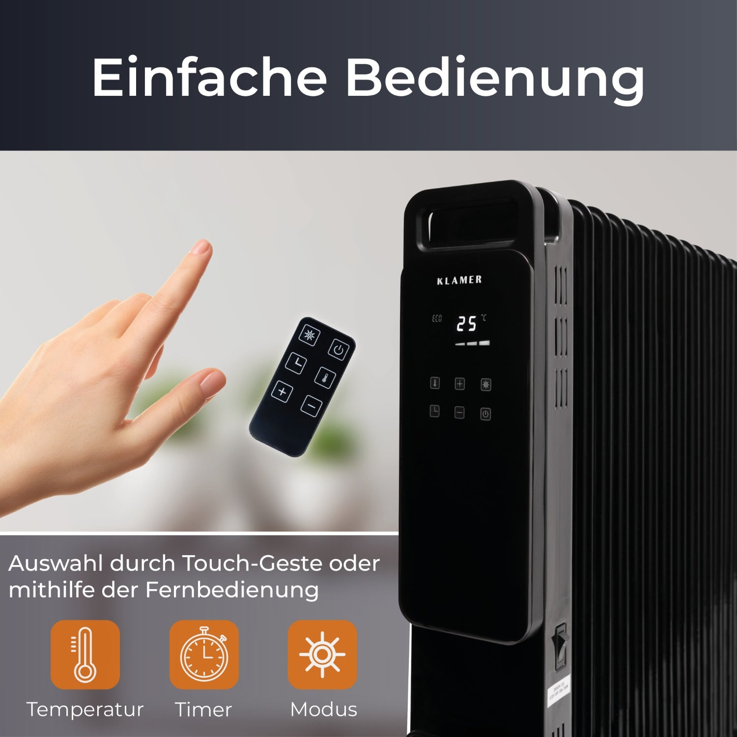 Eine Person berührt eine Fernbedienung neben einem schwarzen Elektroheizer mit Digitalanzeige.