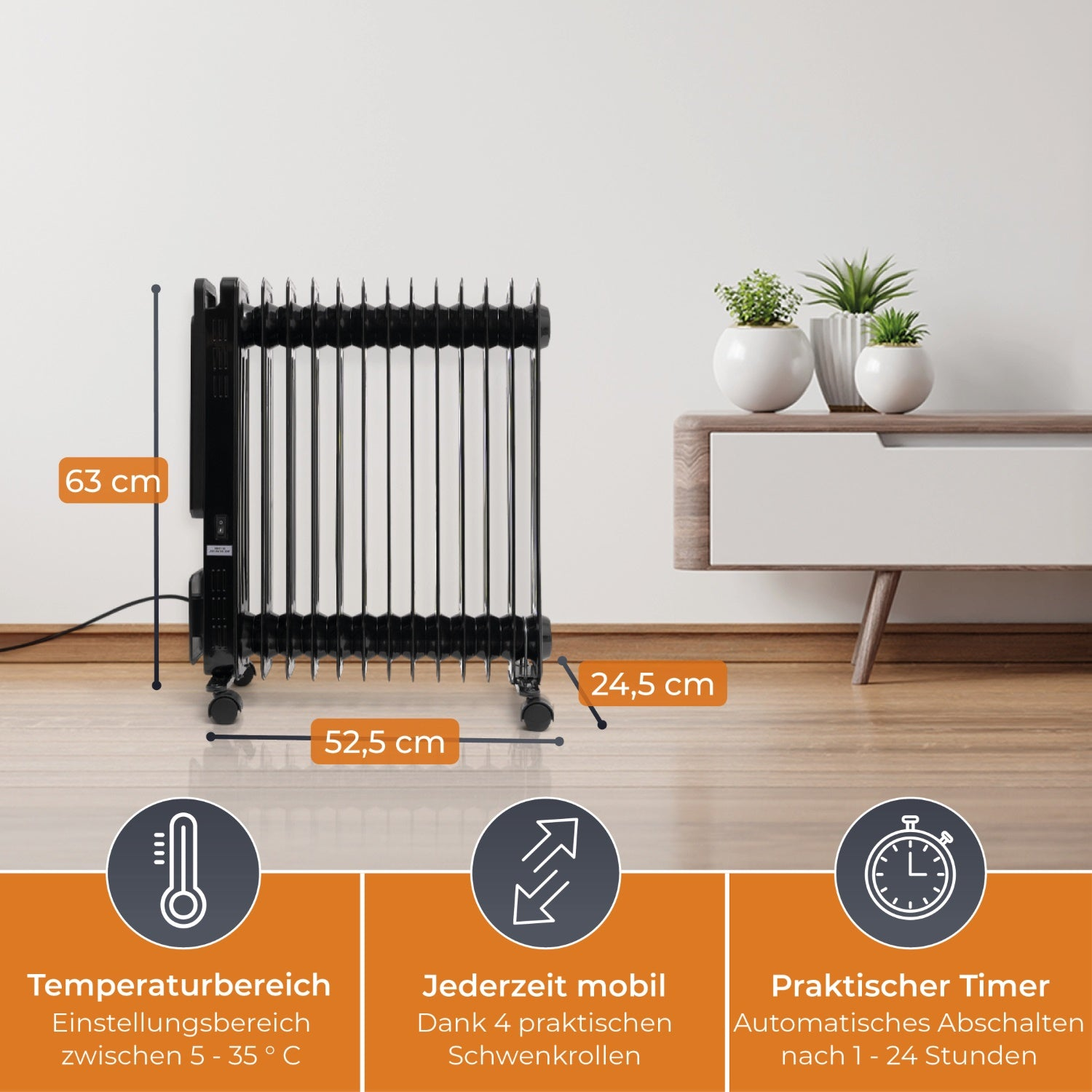 Schwarze Elektroheizung mit Abmessungen und Symbolen für Temperaturbereich, Mobilität und Timerfunktion.