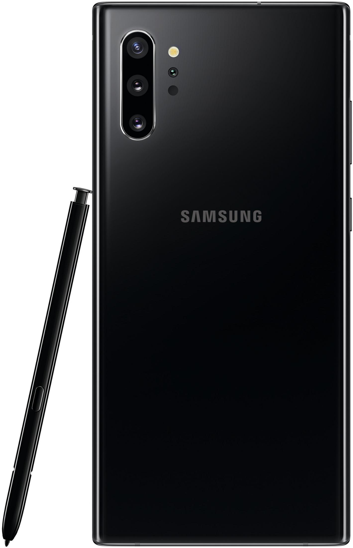 Czarny telefon Samsung z piórem. Telefon pokazuje potrójne aparaty i logo Samsung z tyłu.