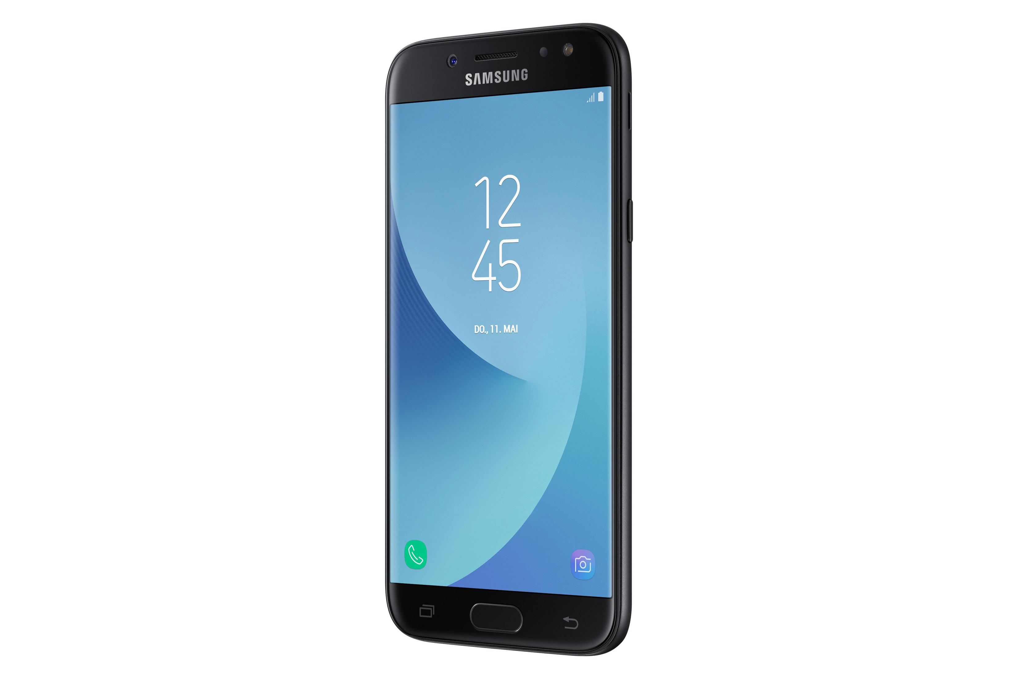 Samsung Smartphone, schwarz, zeigt die Uhrzeit 12:45, mit blauem Farbverlauf-Hintergrund.