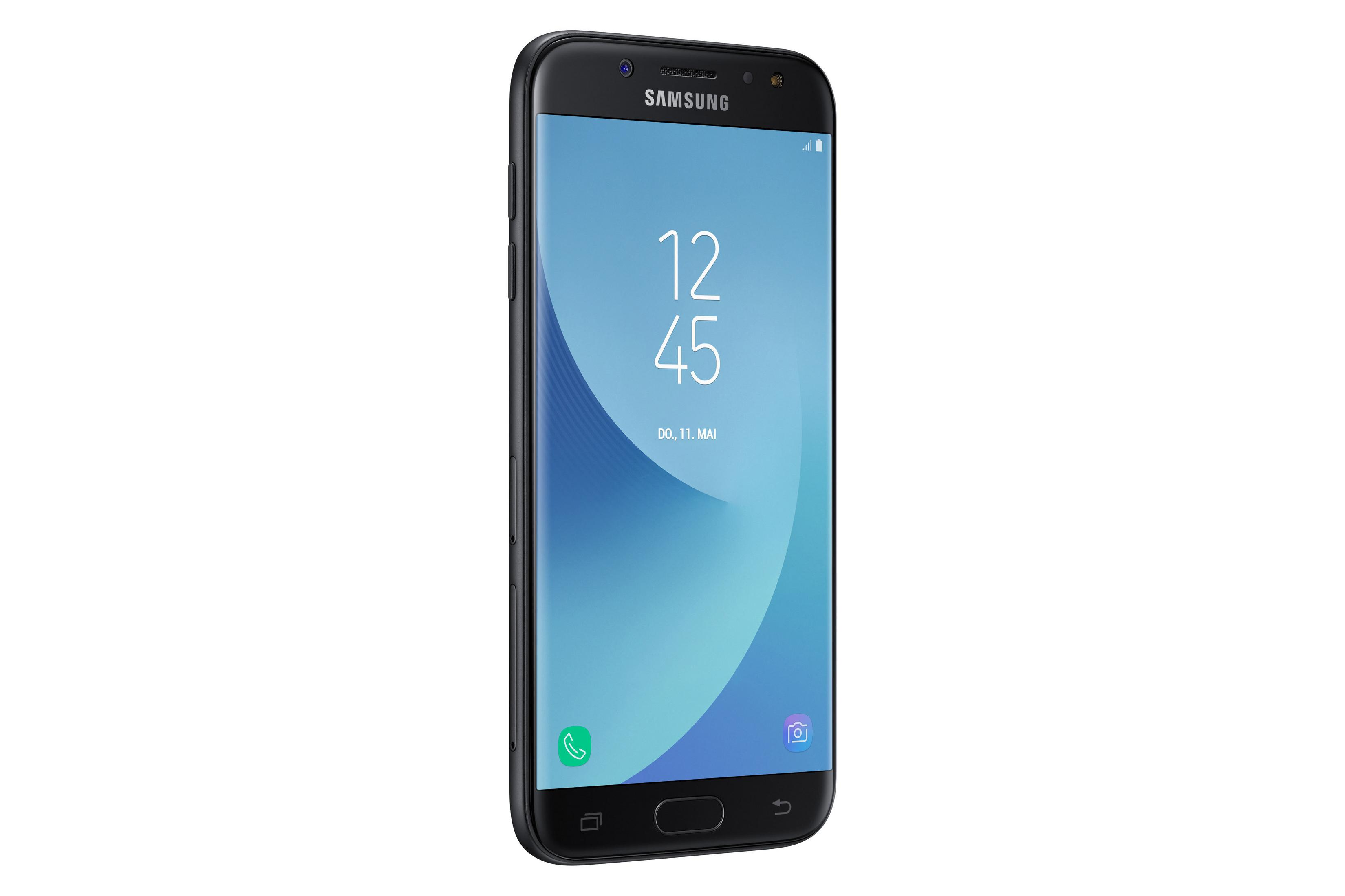 Ein schwarzes Samsung Smartphone mit gewölbtem Bildschirm, der Uhrzeit und blauen Hintergrund zeigt.