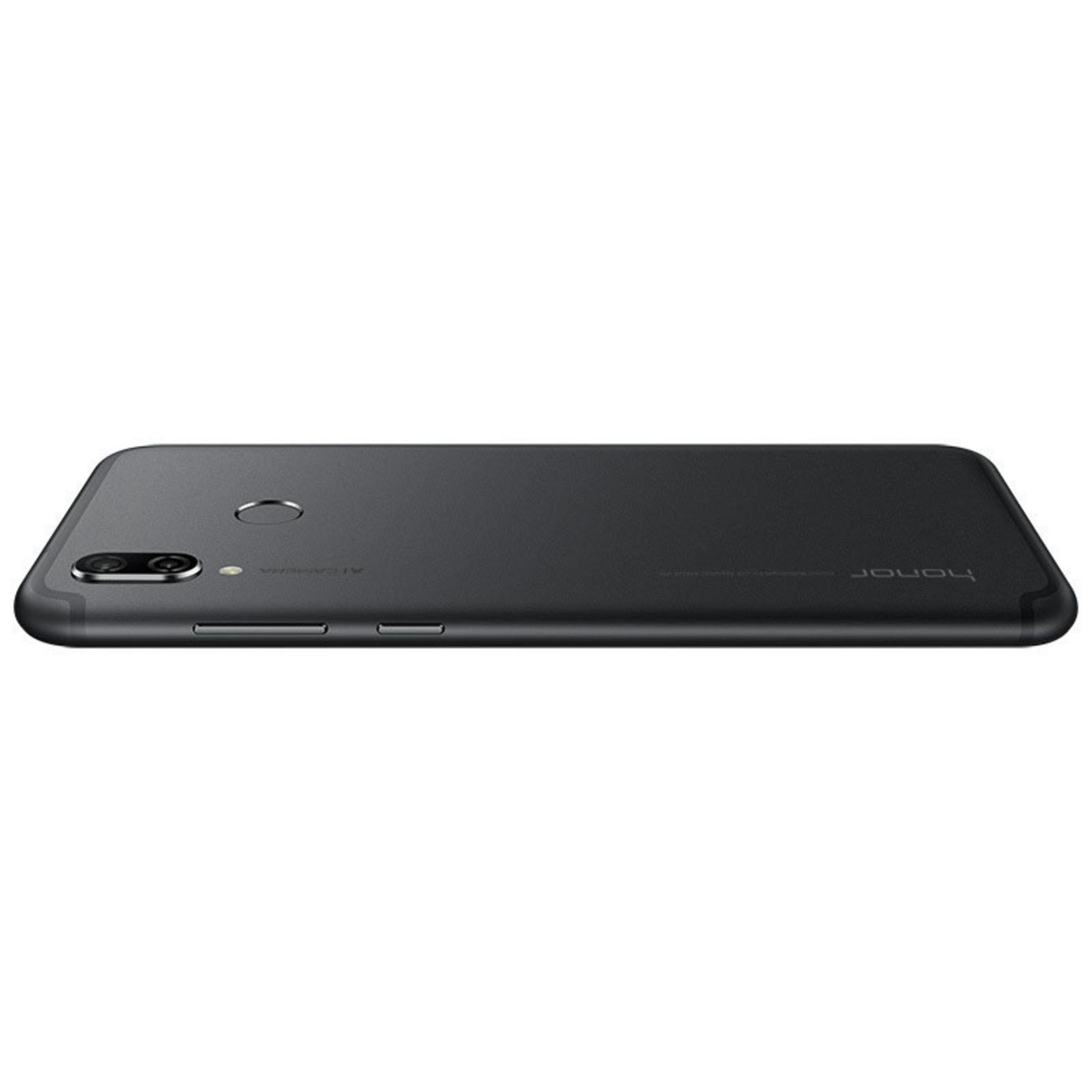Ein schwarzes Smartphone auf weißem Untergrund, zeigt die Kamera und die Marke 'honor'.