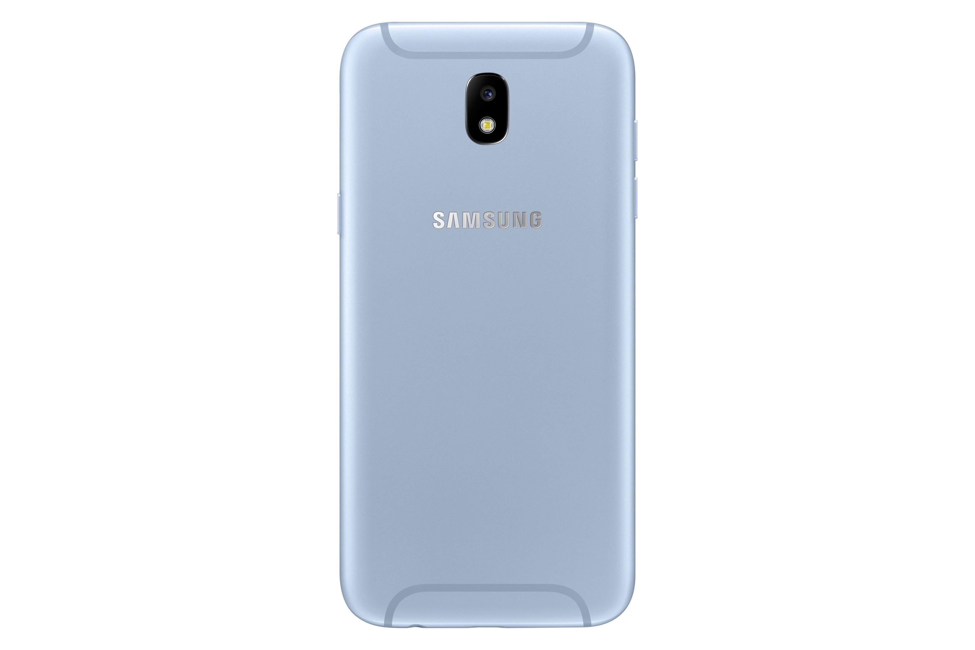 Ein hellblaues Samsung-Telefon mit Dual-Objektiv-Kamera, mit Samsung-Logo, auf Weiß.