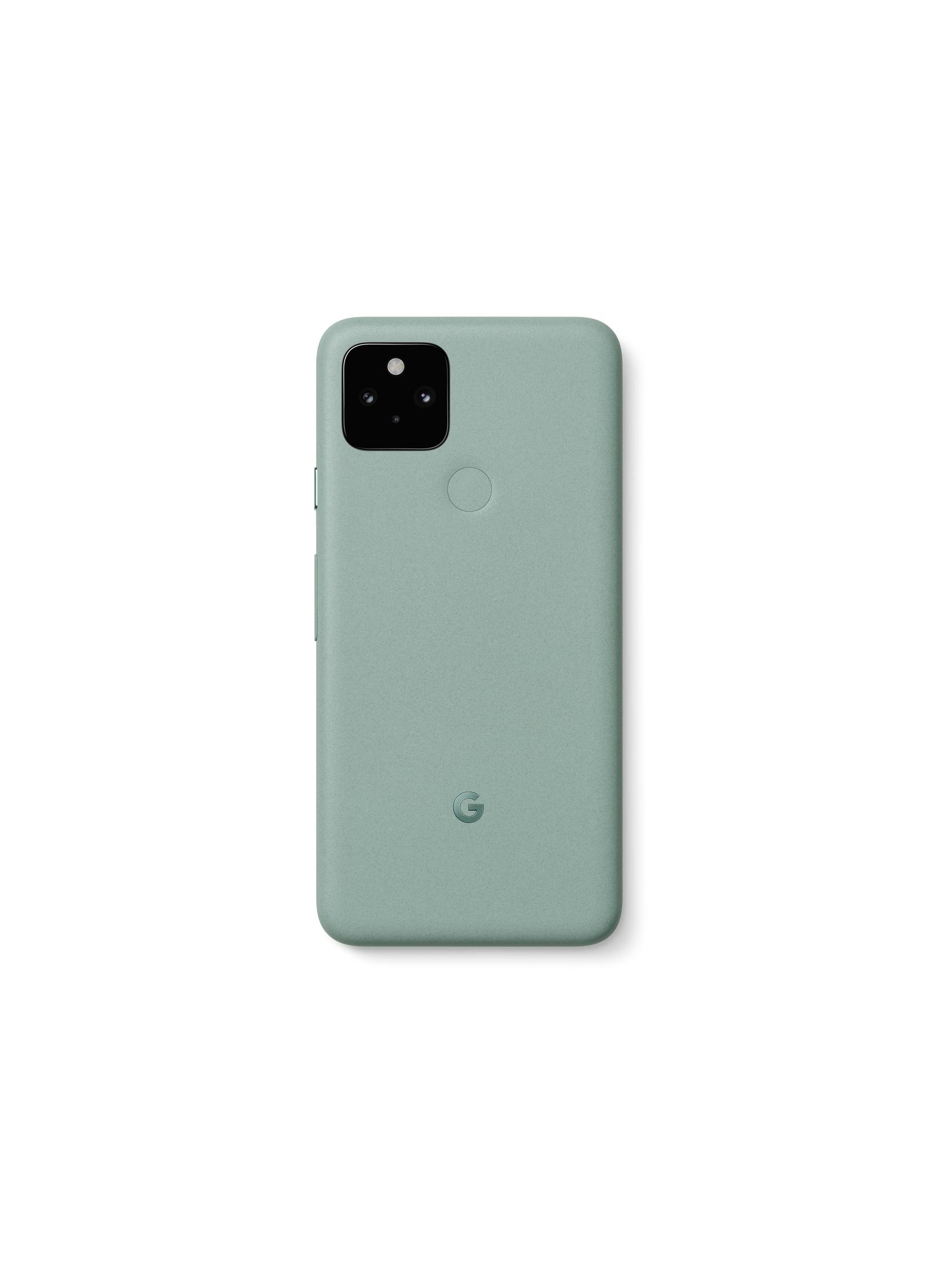 Una funda de teléfono verde claro, con un recorte para la cámara y un pequeño logotipo 'G'.