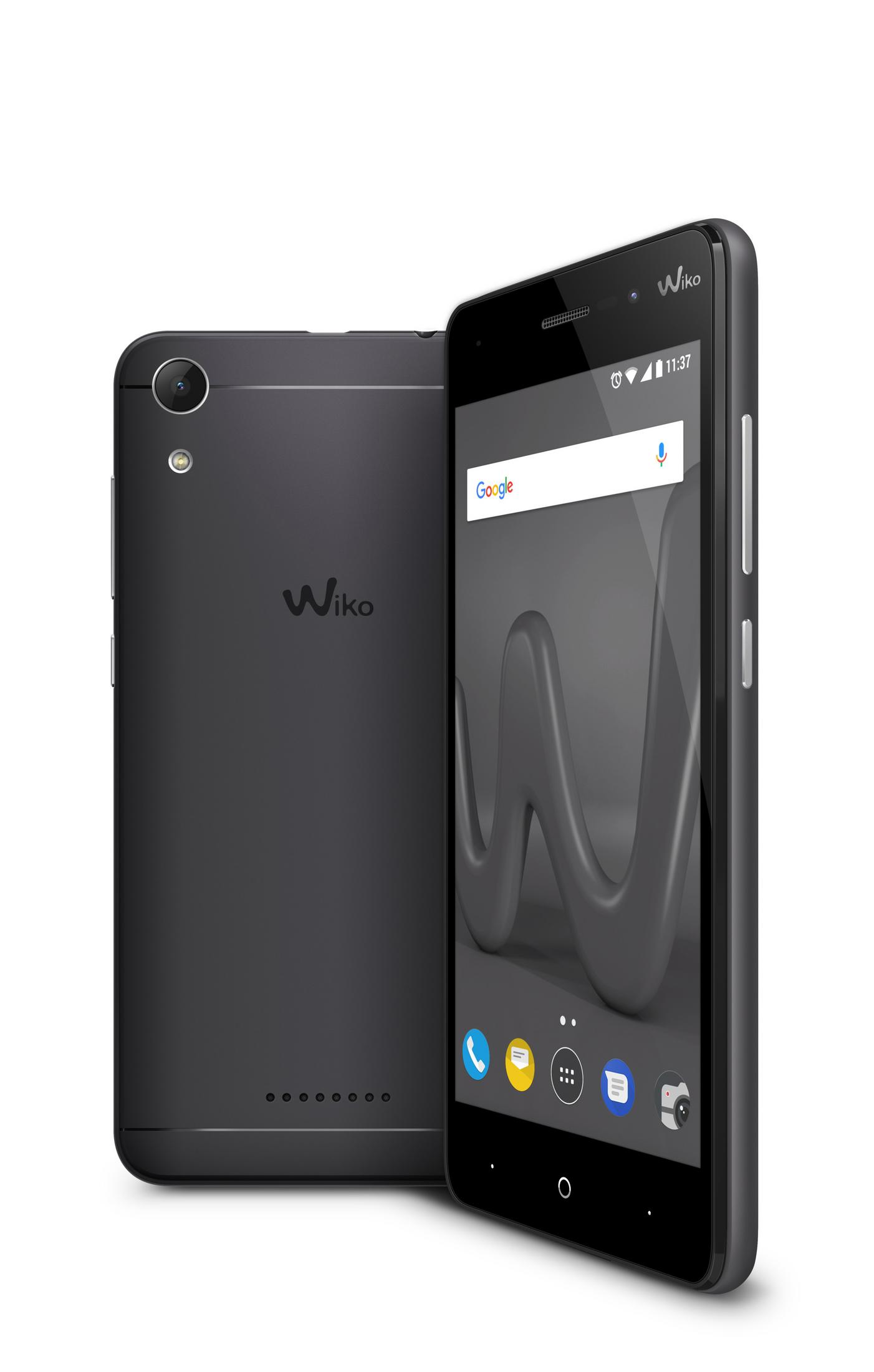 Zwei schwarze Wiko-Telefone, eines zeigt einen Startbildschirm mit Google und App-Symbolen.