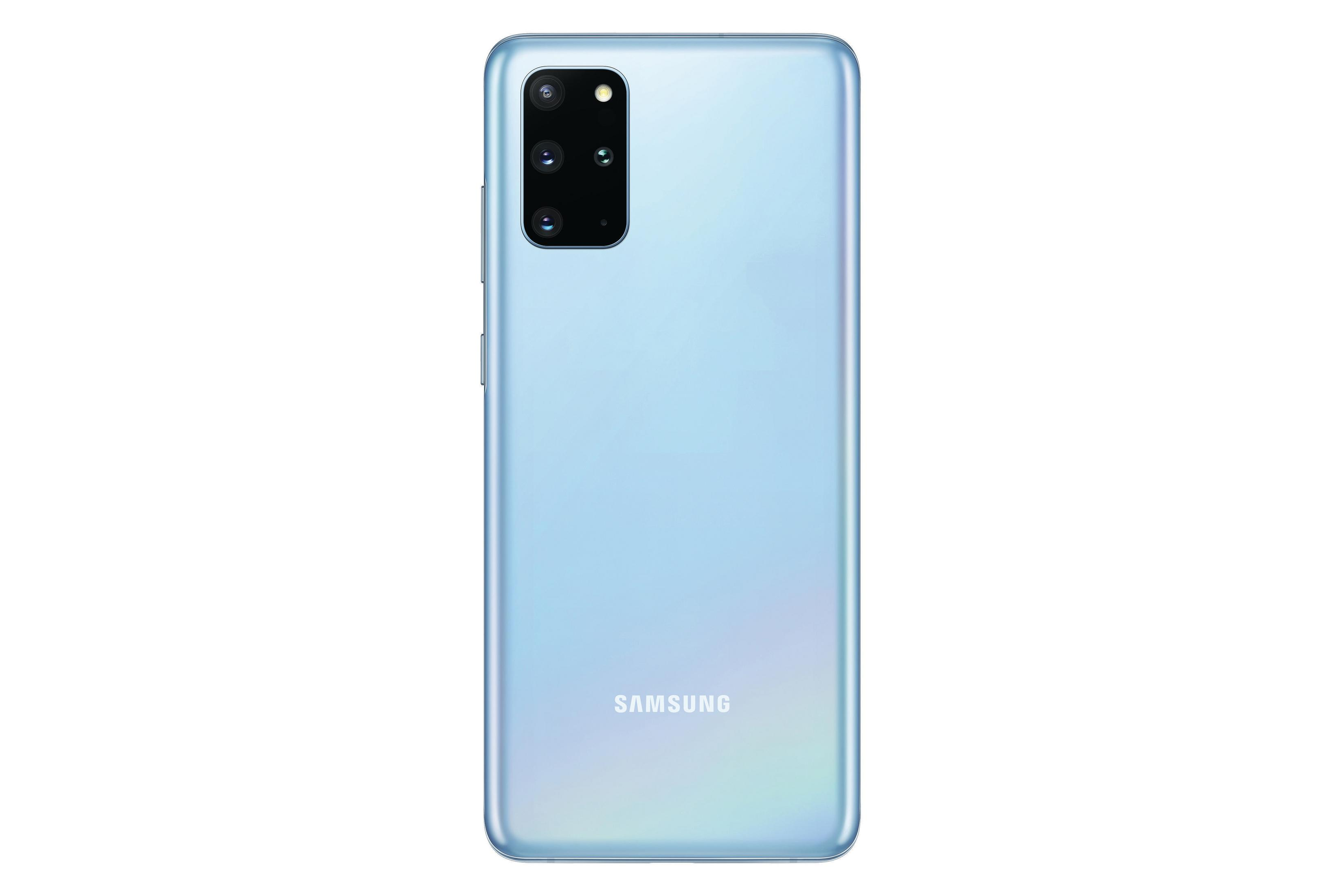 Tył jasnoniebieskiego telefonu Samsung z wieloma aparatami i logo Samsung.