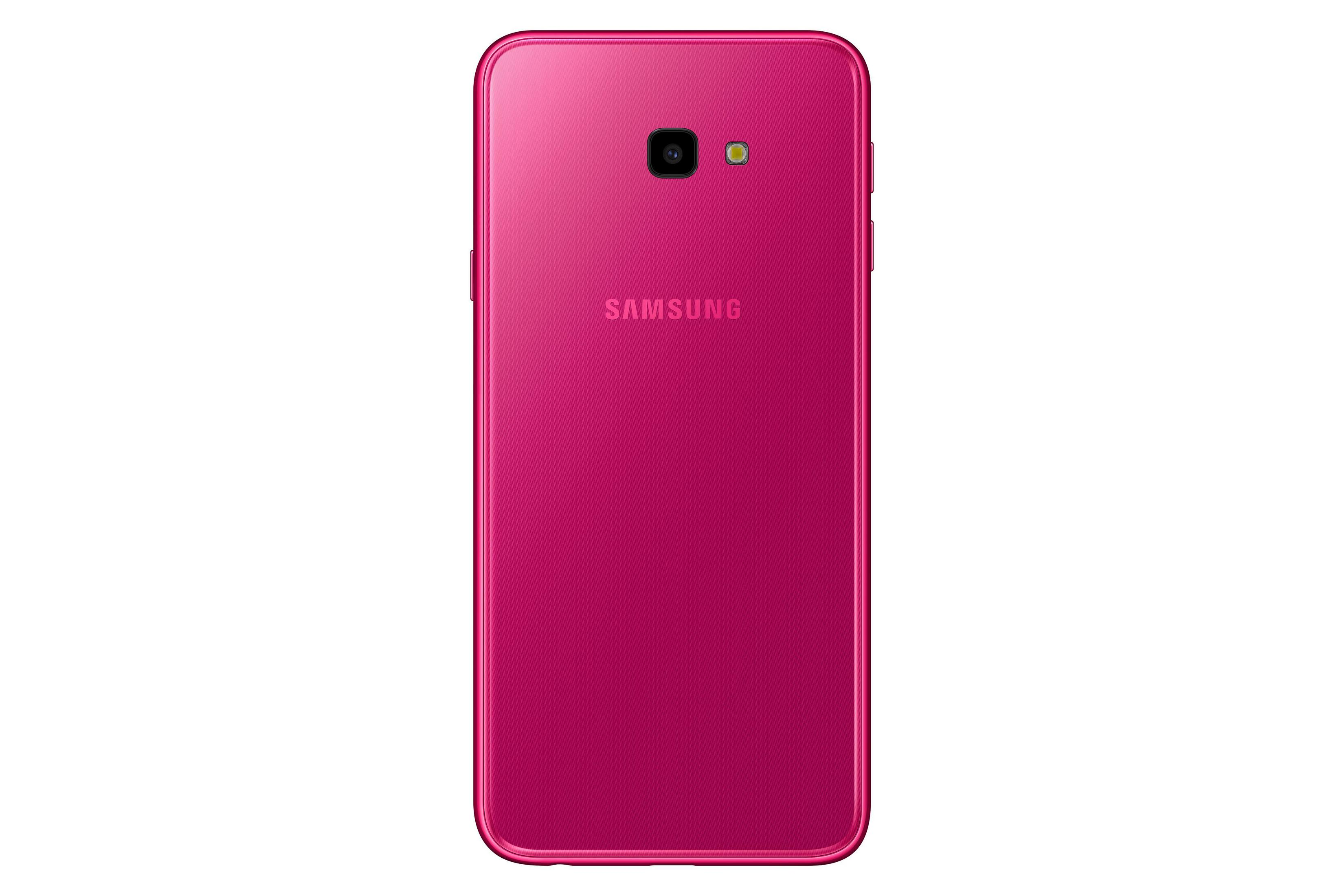 Rückansicht eines pinkfarbenen Samsung-Telefons mit Kamera und Markenlogo auf weißem Hintergrund.