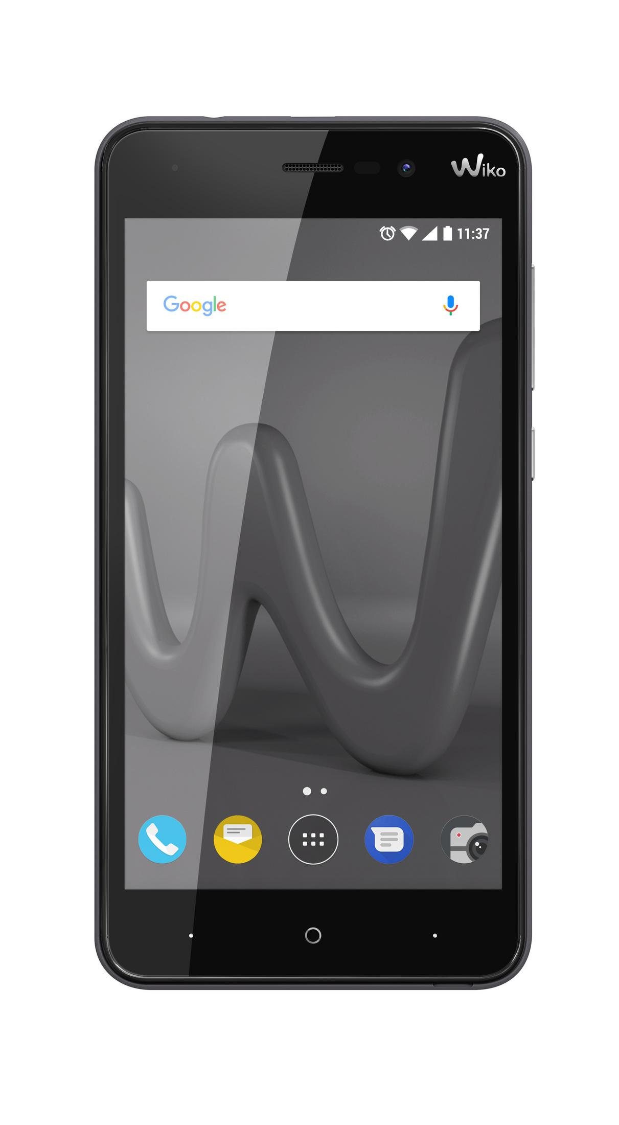Schwarzes Smartphone mit weißem Wiko-Logo, Google-Suchleiste und App-Symbolen auf grauem Hintergrund.