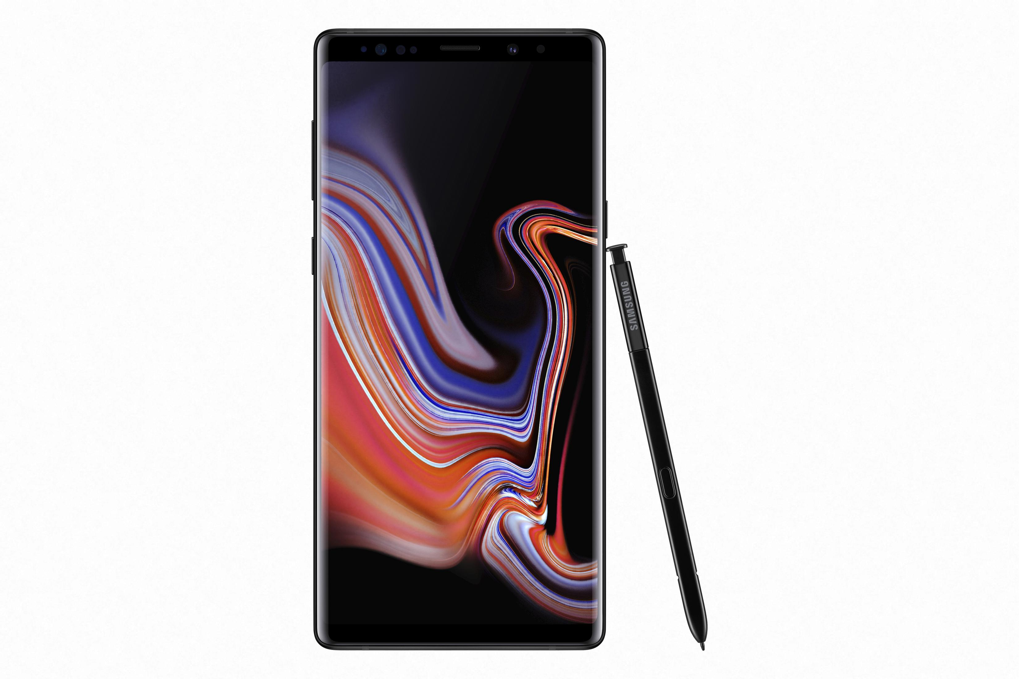 Schwarzes Smartphone mit geschwungenem Display und Stift. Der Bildschirm zeigt farbenfrohe Grafiken.