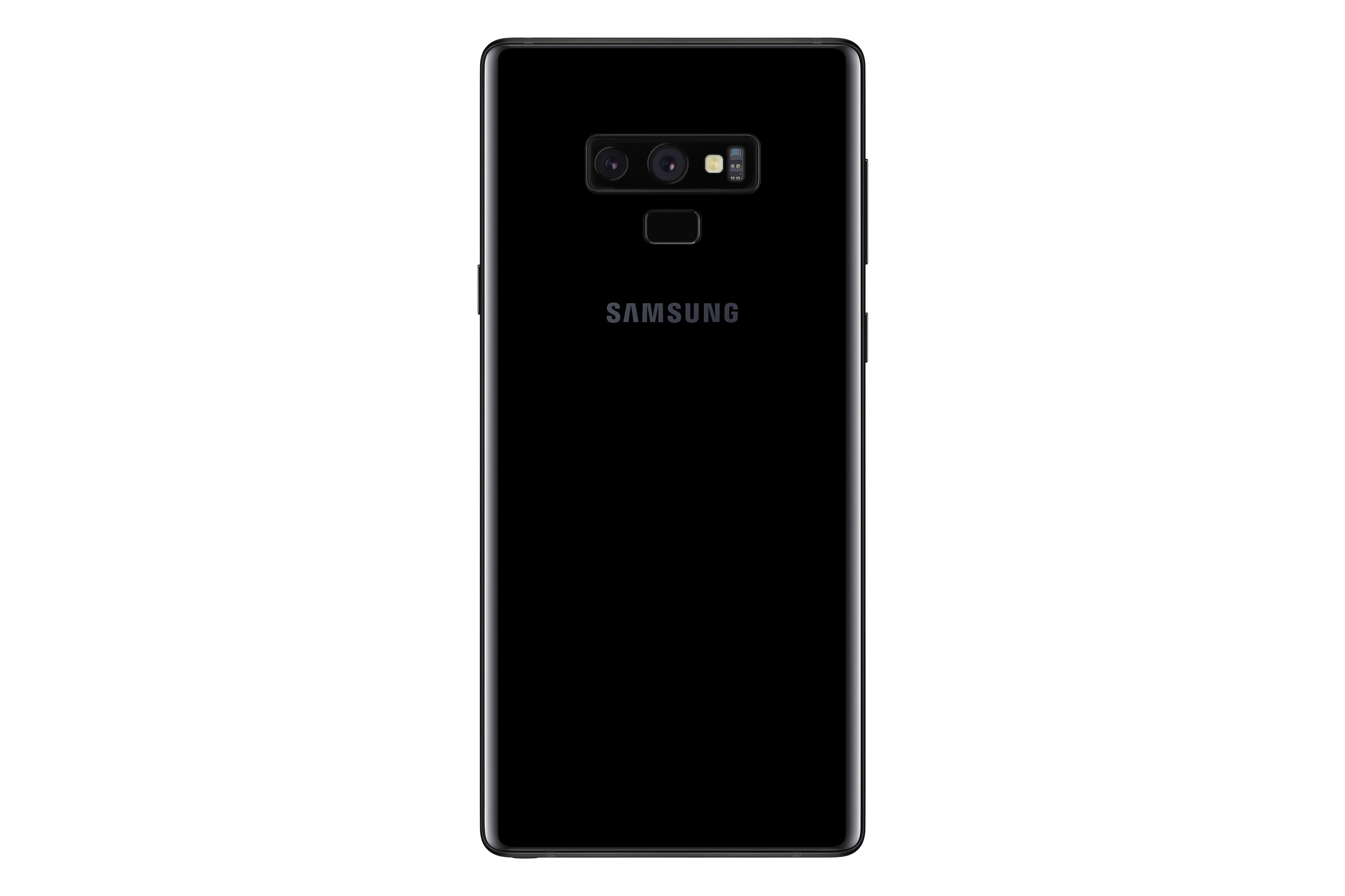Schwarze Telefonrückseite mit Dual-Kameras, Fingerabdrucksensor und SAMSUNG-Logo.