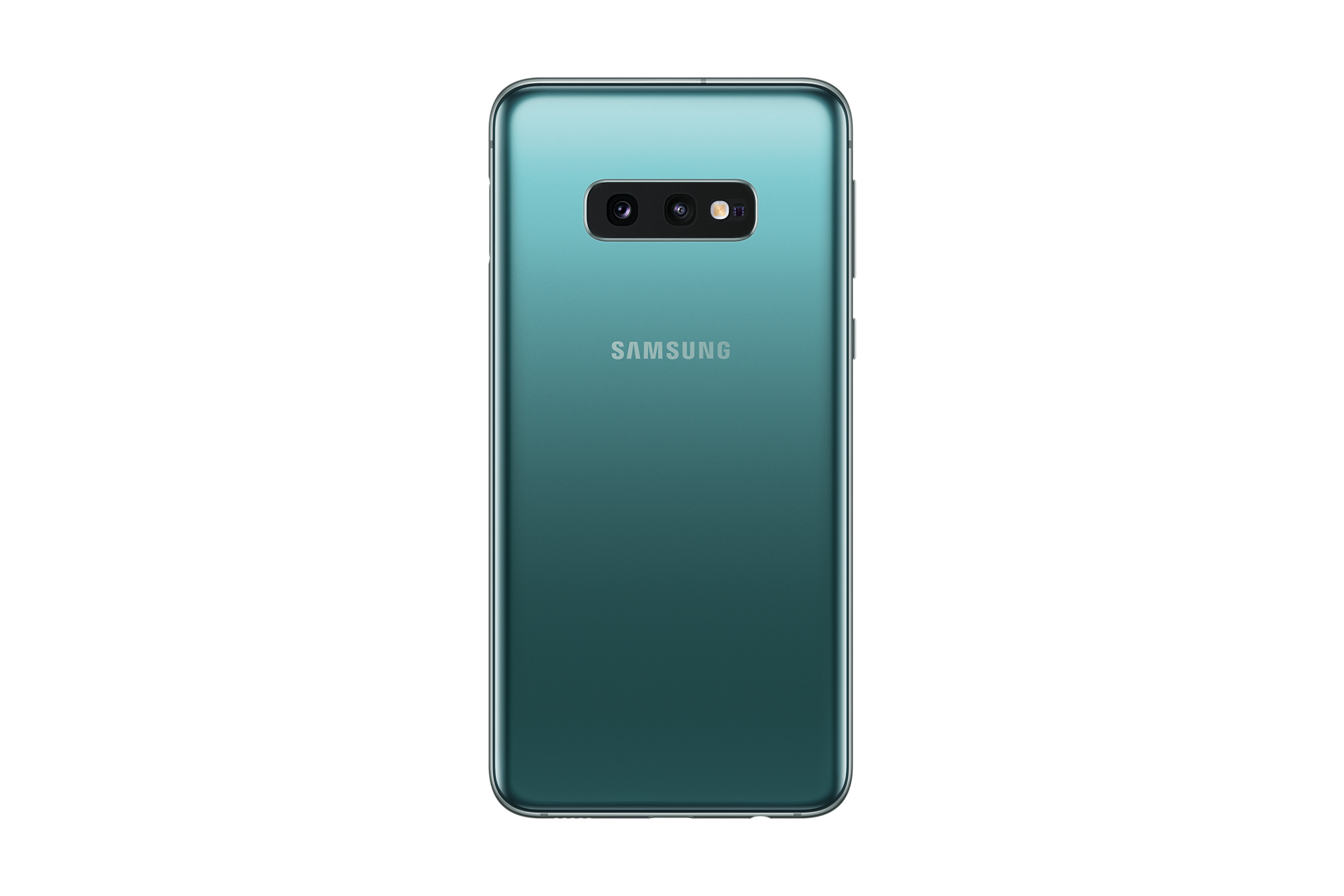 Ein türkisblaues Samsung-Telefon mit Doppel-Kamera, das Wort SAMSUNG ist auf der Rückseite sichtbar.