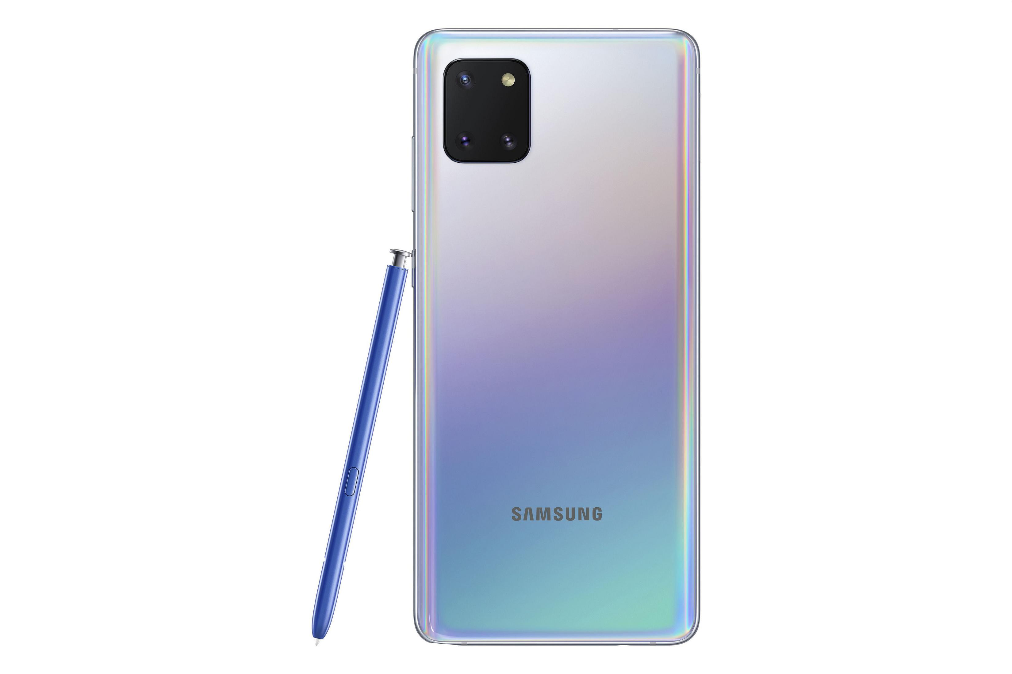 Ein Samsung-Telefon mit Stift. Das Telefon ist silber mit lila und blauen Farbtönen.