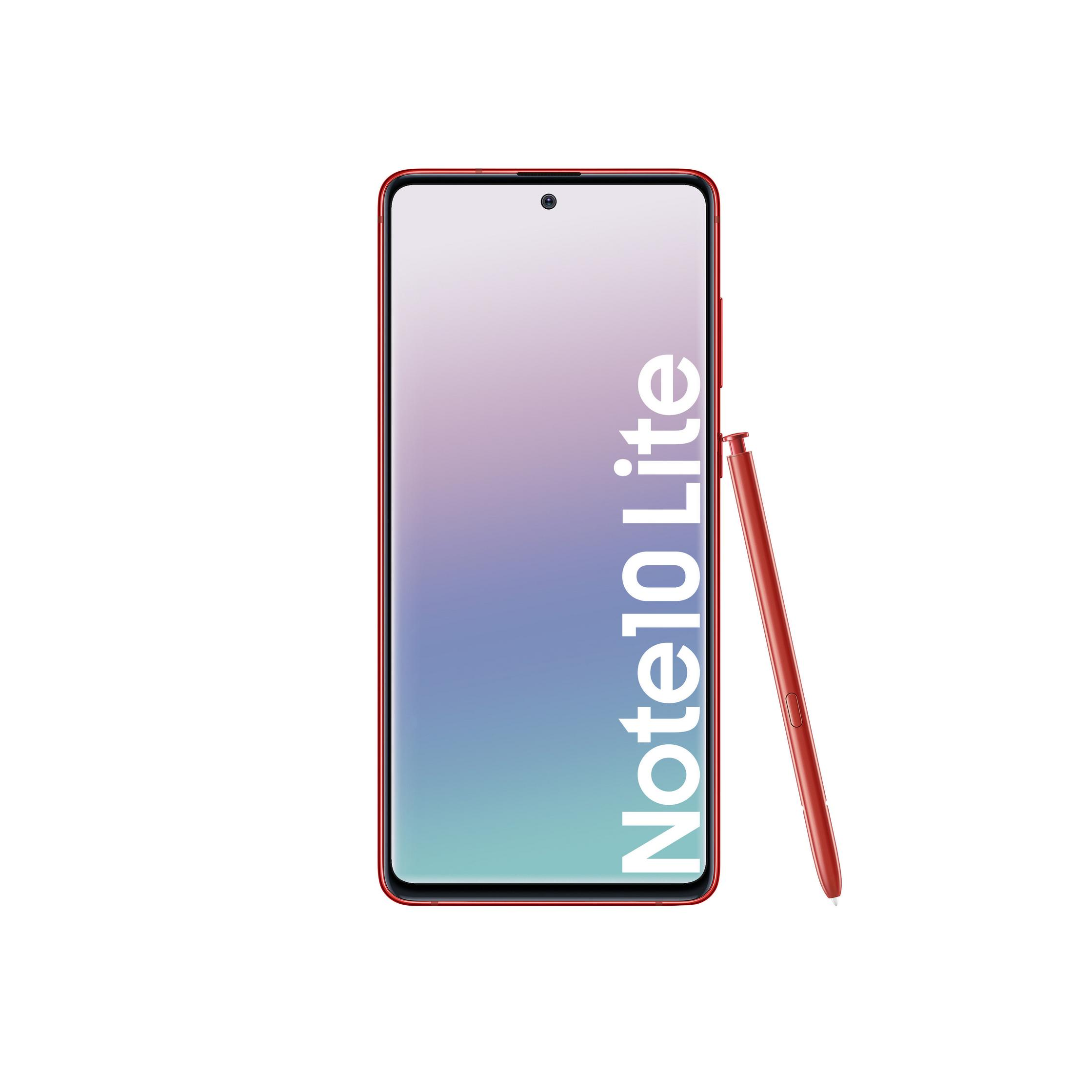 Rotes Smartphone mit Stift. Telefon ist rot, mit Stift, und weißem Hintergrund. Schräge Ansicht.