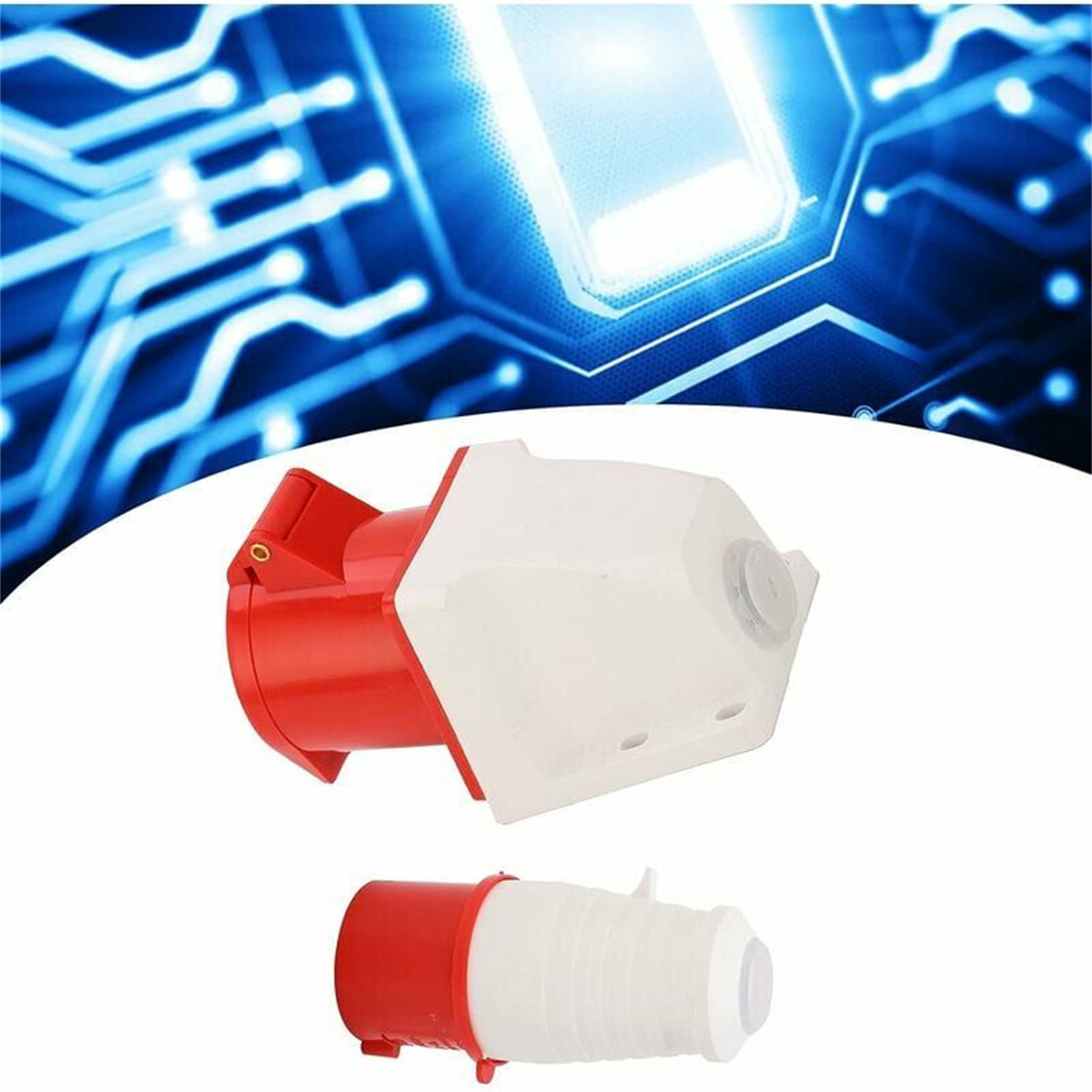 Rote und weiße elektrische Steckverbinderteile. Hintergrund zeigt Leiterplatten-Design in Blau.
