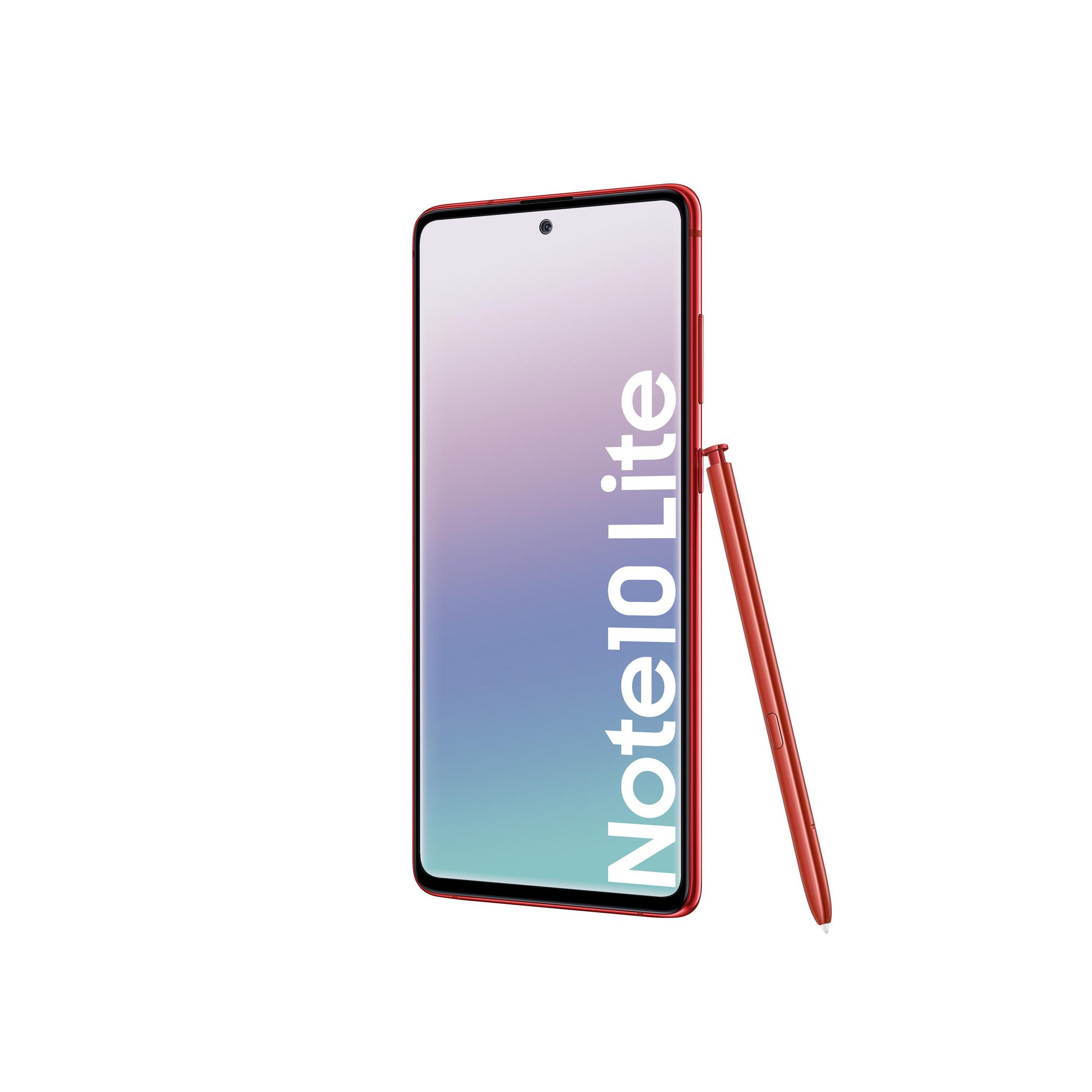 Ein rotes Telefon mit Bildschirm und dem Wort 'Note10 Lite'. Ein roter Stift daneben.