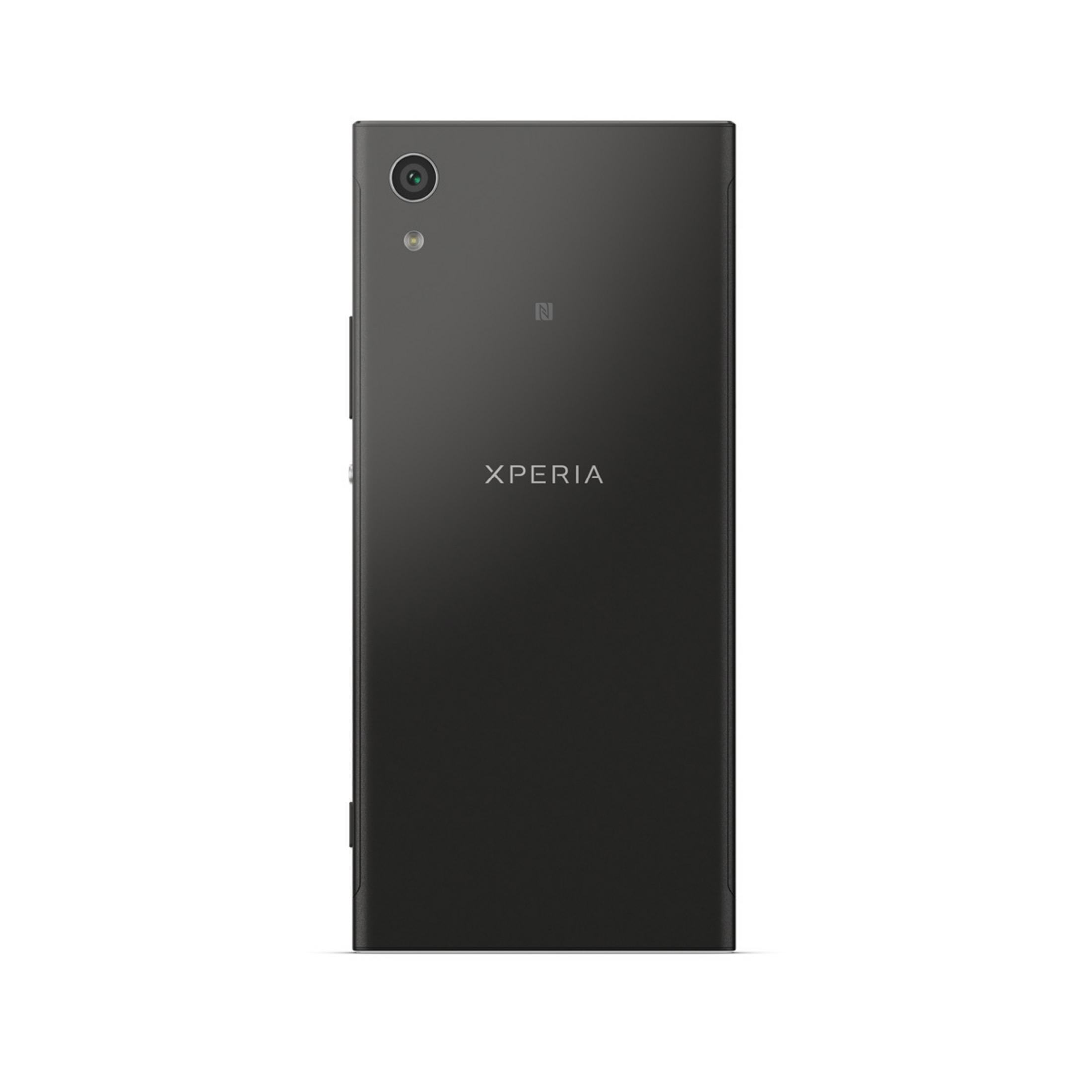 Schwarzes Telefon mit Kamera und Xperia-Logo. Das Telefon befindet sich auf weißem Untergrund.