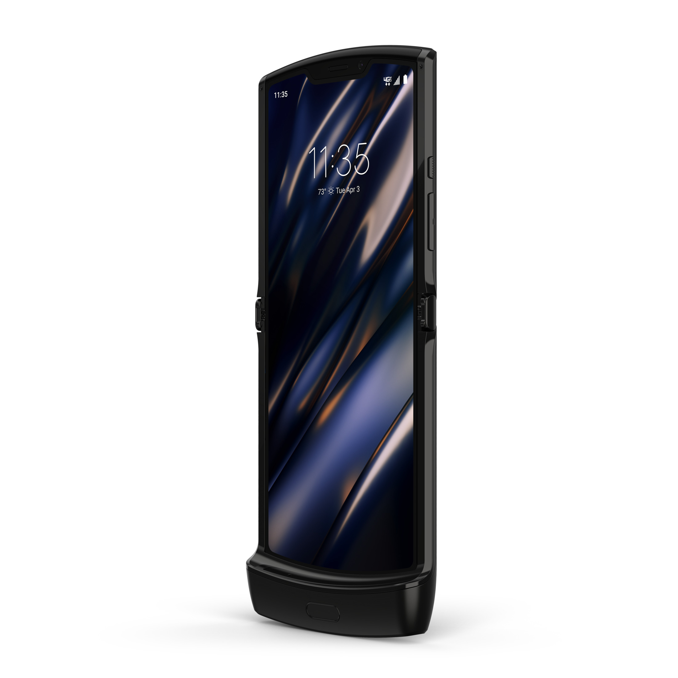 Ein schwarzes Telefon, mit der Uhrzeit 11:35 auf dem Bildschirm, ist geöffnet.