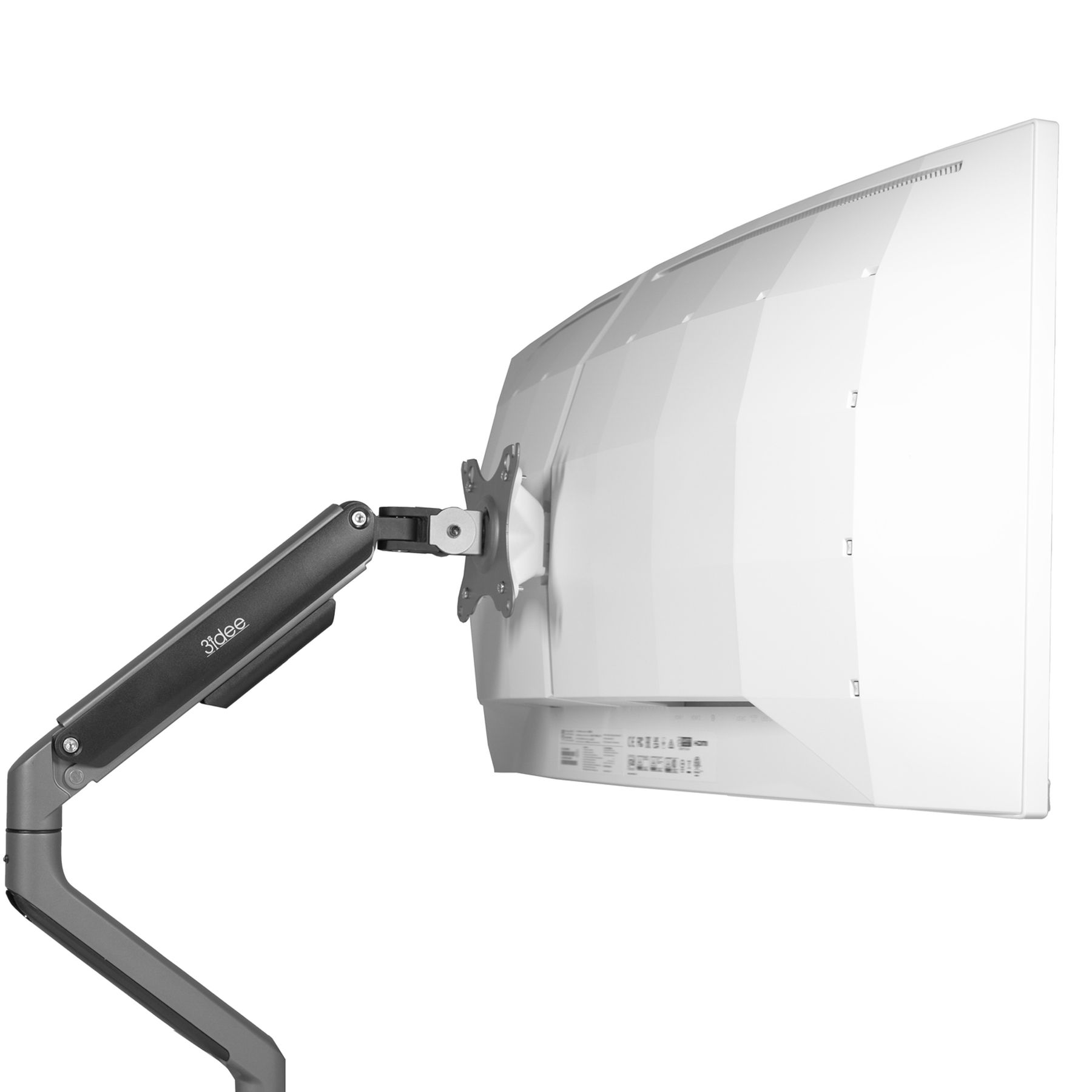 Ein weißer Computermonitor, montiert an einem schwarz-grauen, verstellbaren Arm.