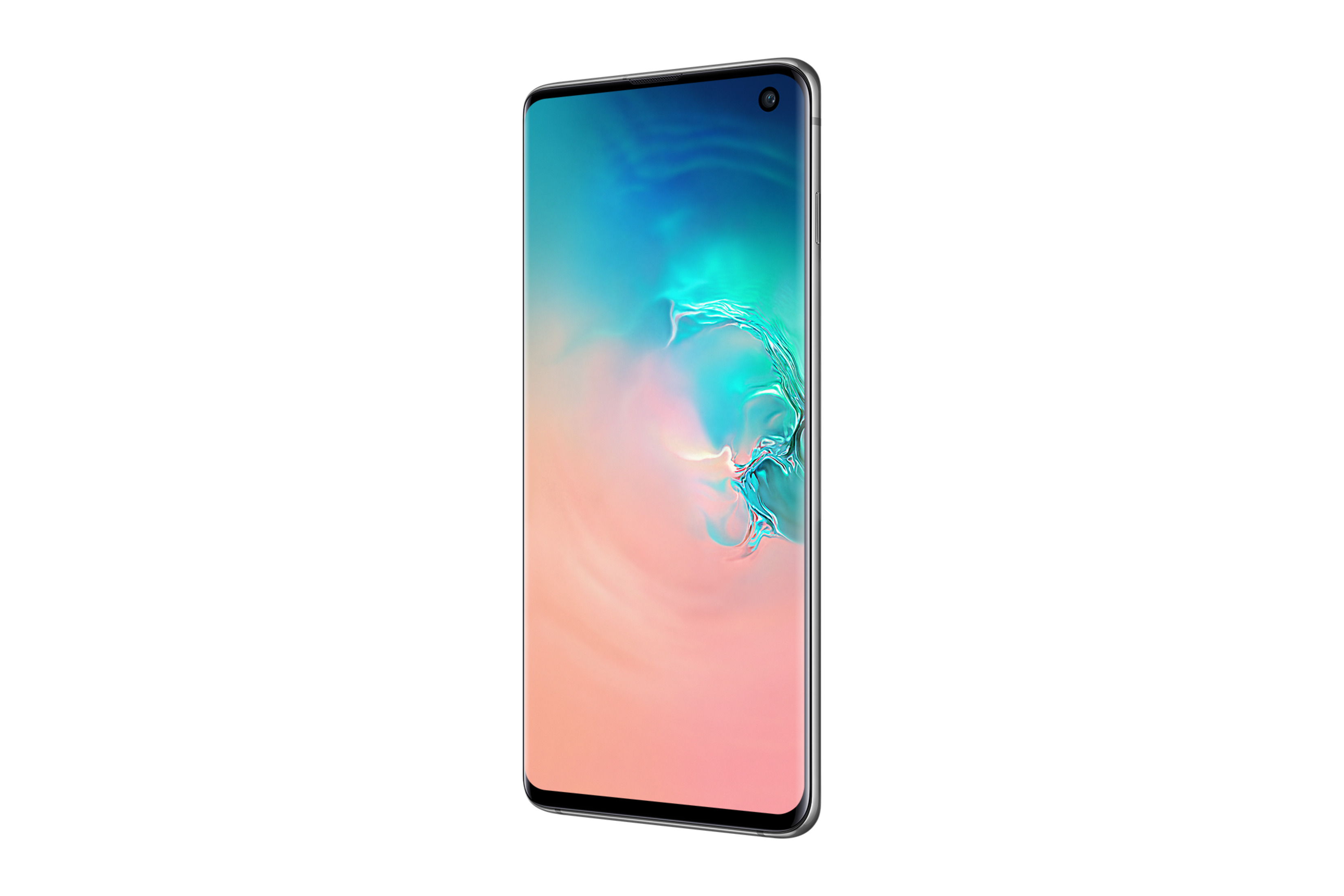 Ein schlankes, modernes Smartphone mit gebogenem Bildschirm, zur Seite geneigt. Hintergrund ist weiß.