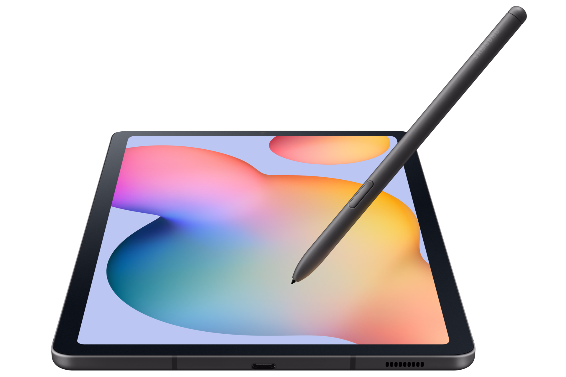 Ein Tablet mit einem Eingabestift auf weißem Hintergrund.