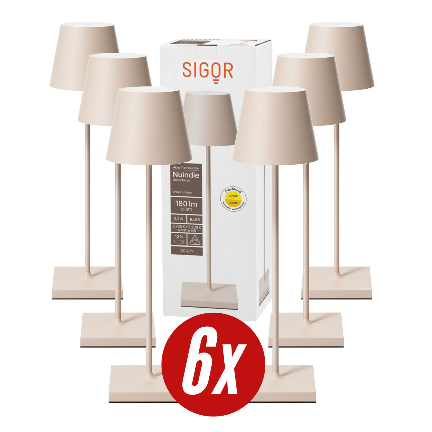 Ein Set beiger Lampen mit einer Box mit der Aufschrift SIGOR. Es gibt ein rotes 6x-Zeichen.