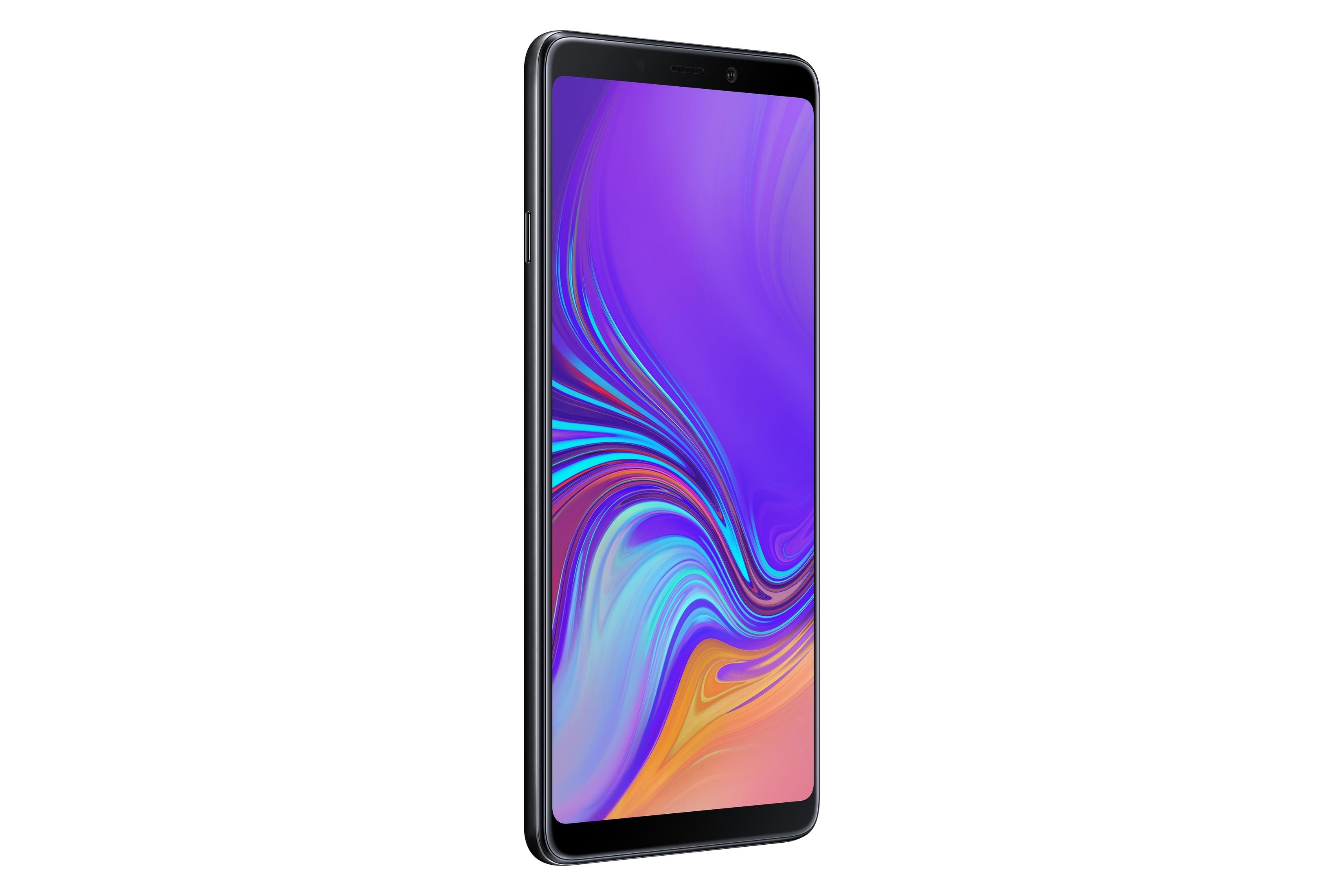 Schwarzes Smartphone mit lebendigem lila und blauem Bildschirm. Weißer Hintergrund.
