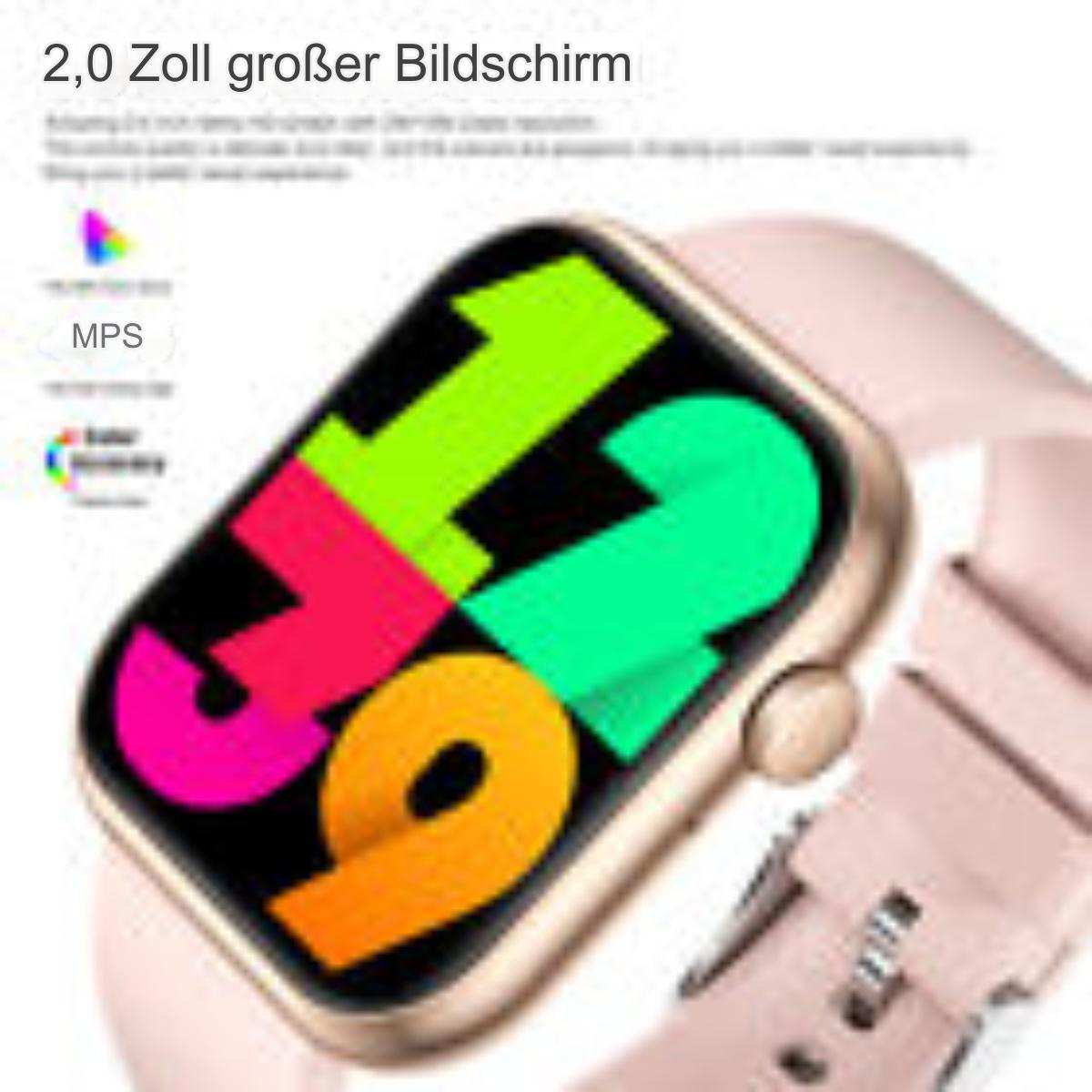 Eine Smartwatch mit farbenfrohem Bildschirm, zeigt die Zeit und viele andere Informationen.