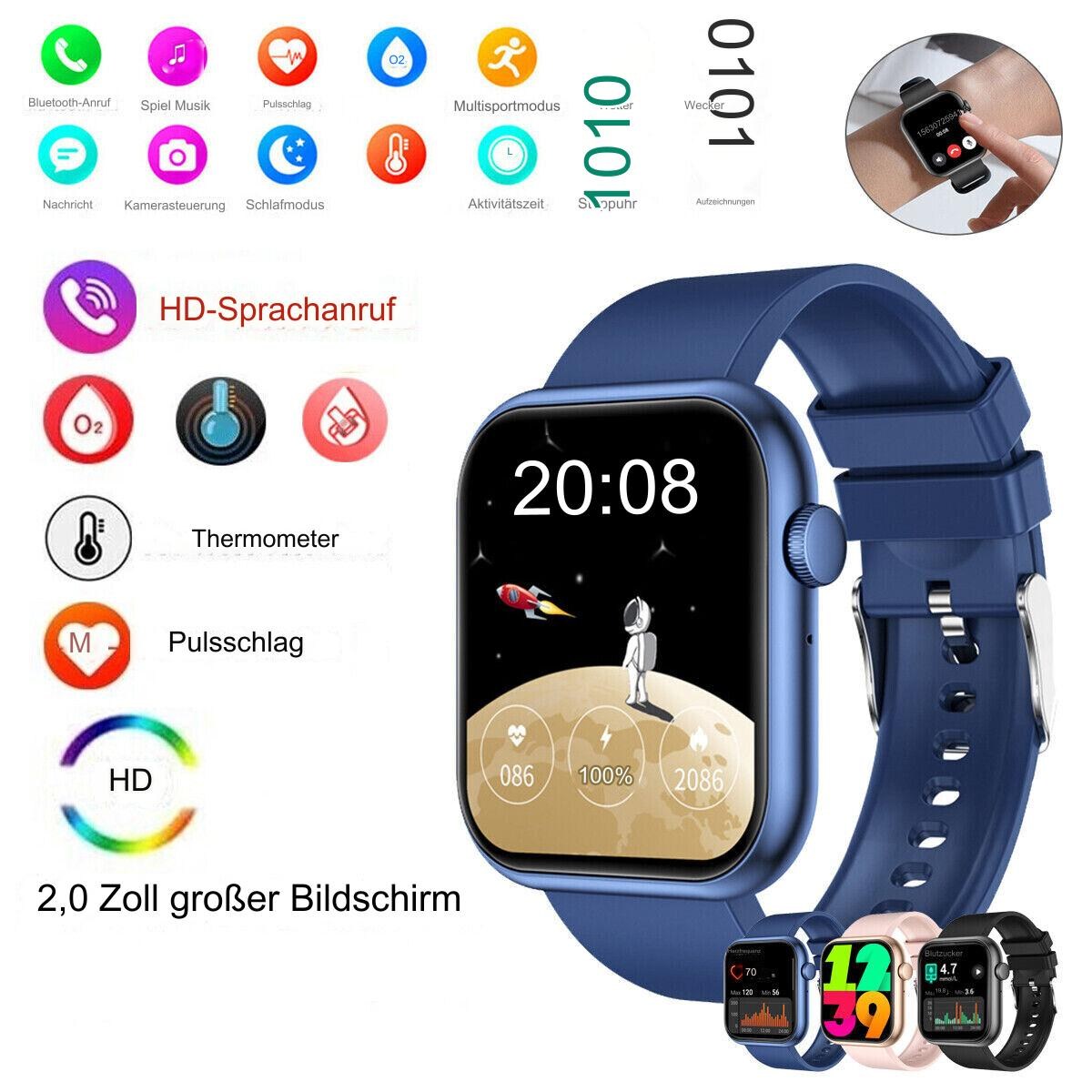 Blaue Smartwatch mit verschiedenen Symbolen auf dem Bildschirm und drei kleineren Uhren unten.