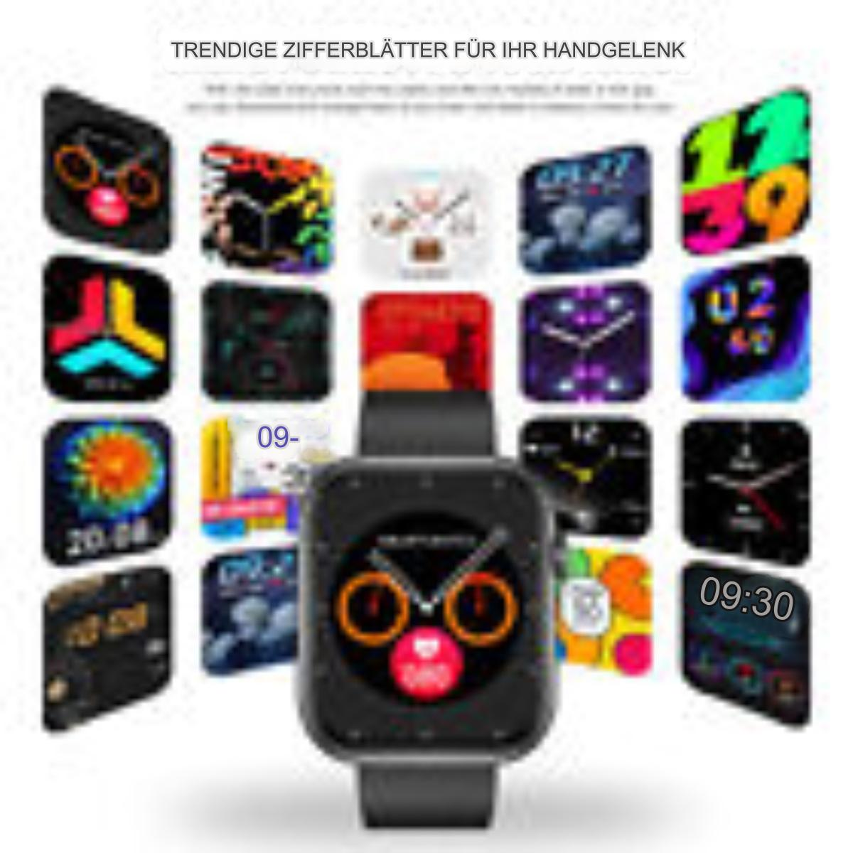 Eine Smartwatch mit verschiedenen Zifferblättern. Einige zeigen unterschiedliche Zeiten und Designs.