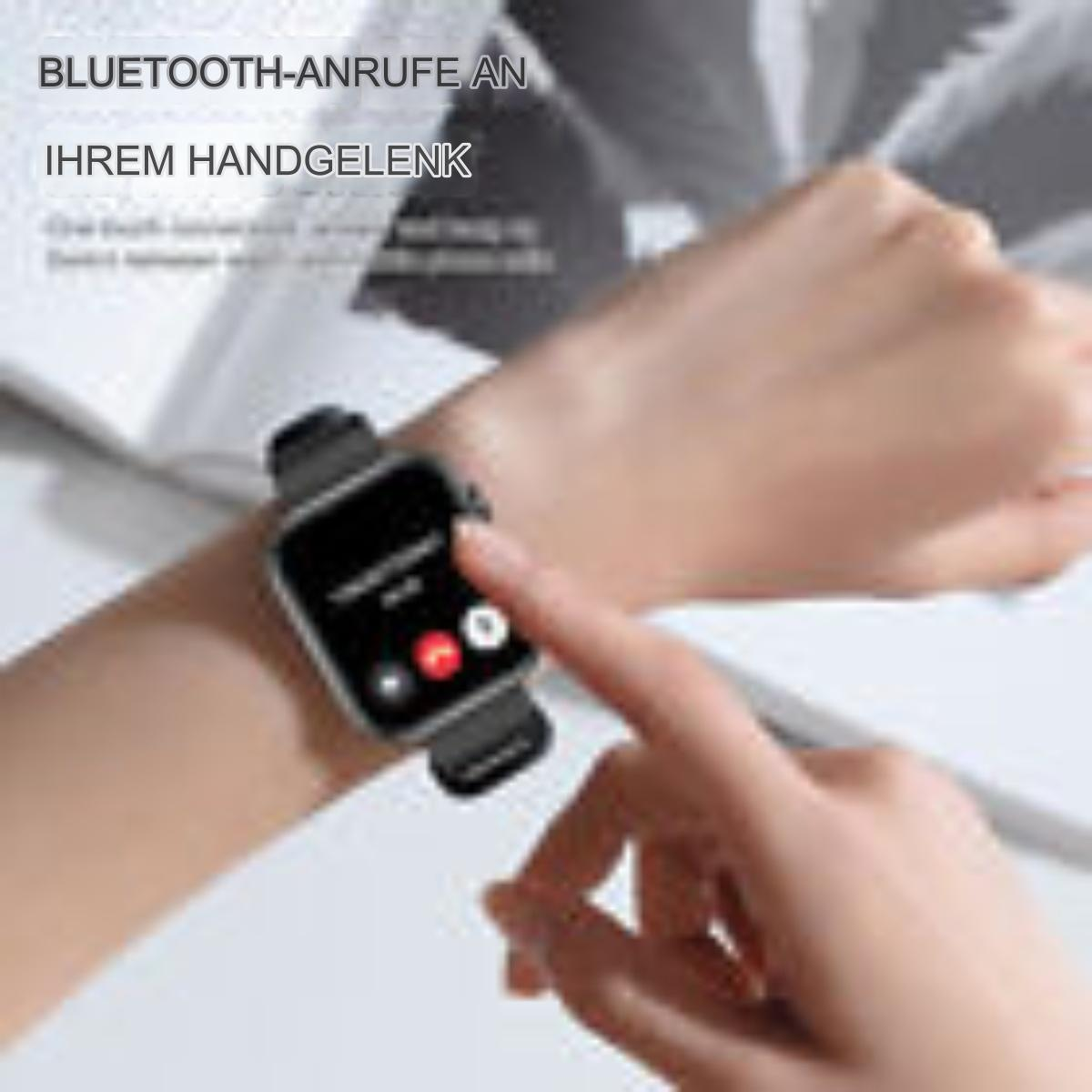Person berührt Smartwatch-Bildschirm mit Anrufschnittstelle.