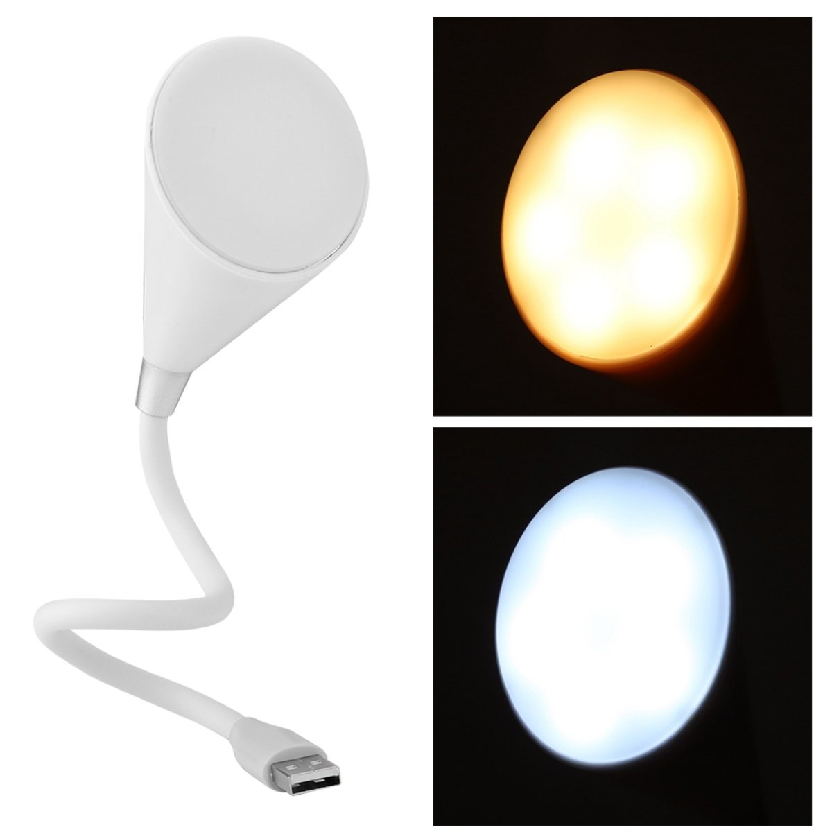 Eine weiße USB-Lampe mit flexiblem Hals. Sie zeigt verschiedene Lichteinstellungen, warm und kalt.
