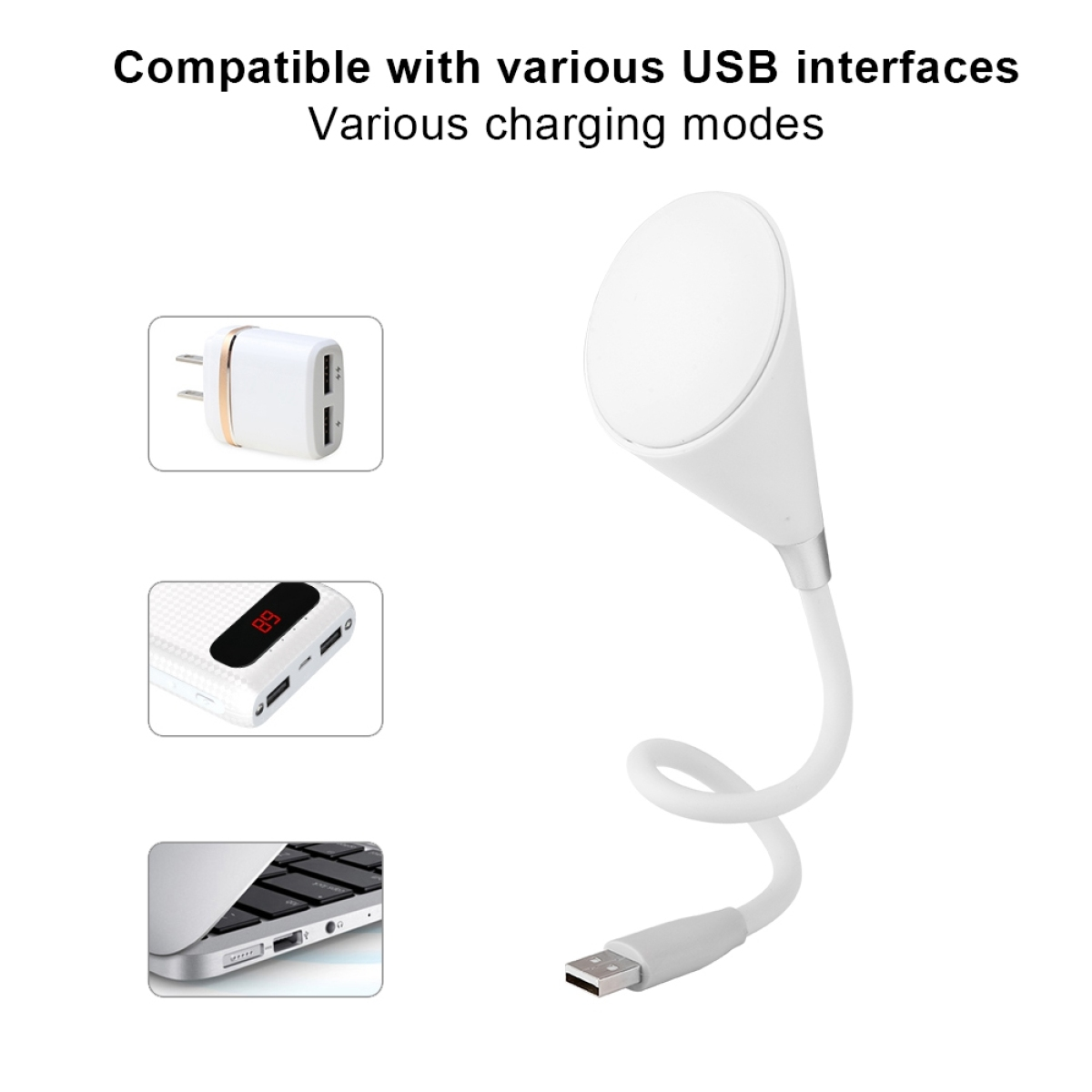 Weiße Schreibtischlampe und Ladeadapter, mit USB-Anschlüssen.