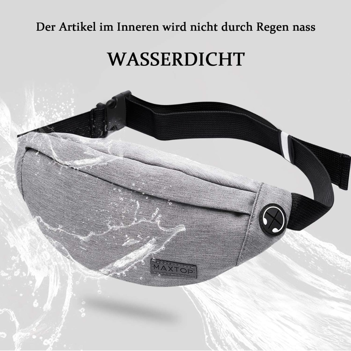 Graue wasserdichte Bauchtasche mit schwarzem Gürtel. Weißer Wasserspritzeffekt.