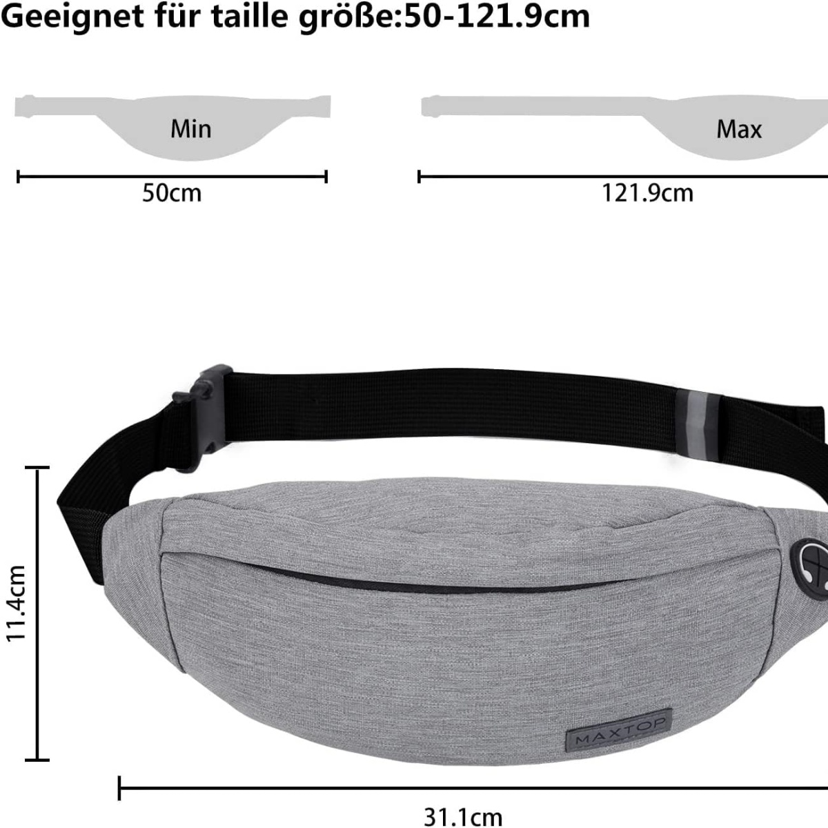 Bauchtasche mit schwarzem Gurt und grauem Beutel. Messungen sind auf dem Bild abgebildet.
