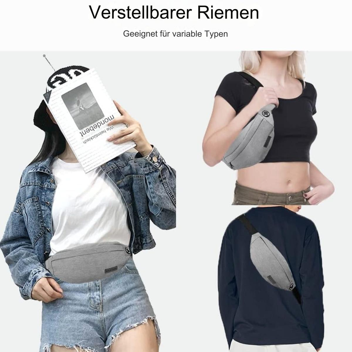 Bilder von Personen, die eine graue Bauchtasche tragen. Text auf Deutsch. Verschiedene Tragevarianten zeigen.