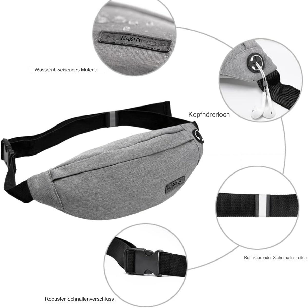 Graue Bauchtasche mit schwarzem Riemen und Schnalle. Details umfassen Etikett, Kopfhörerloch und Reflexstreifen.