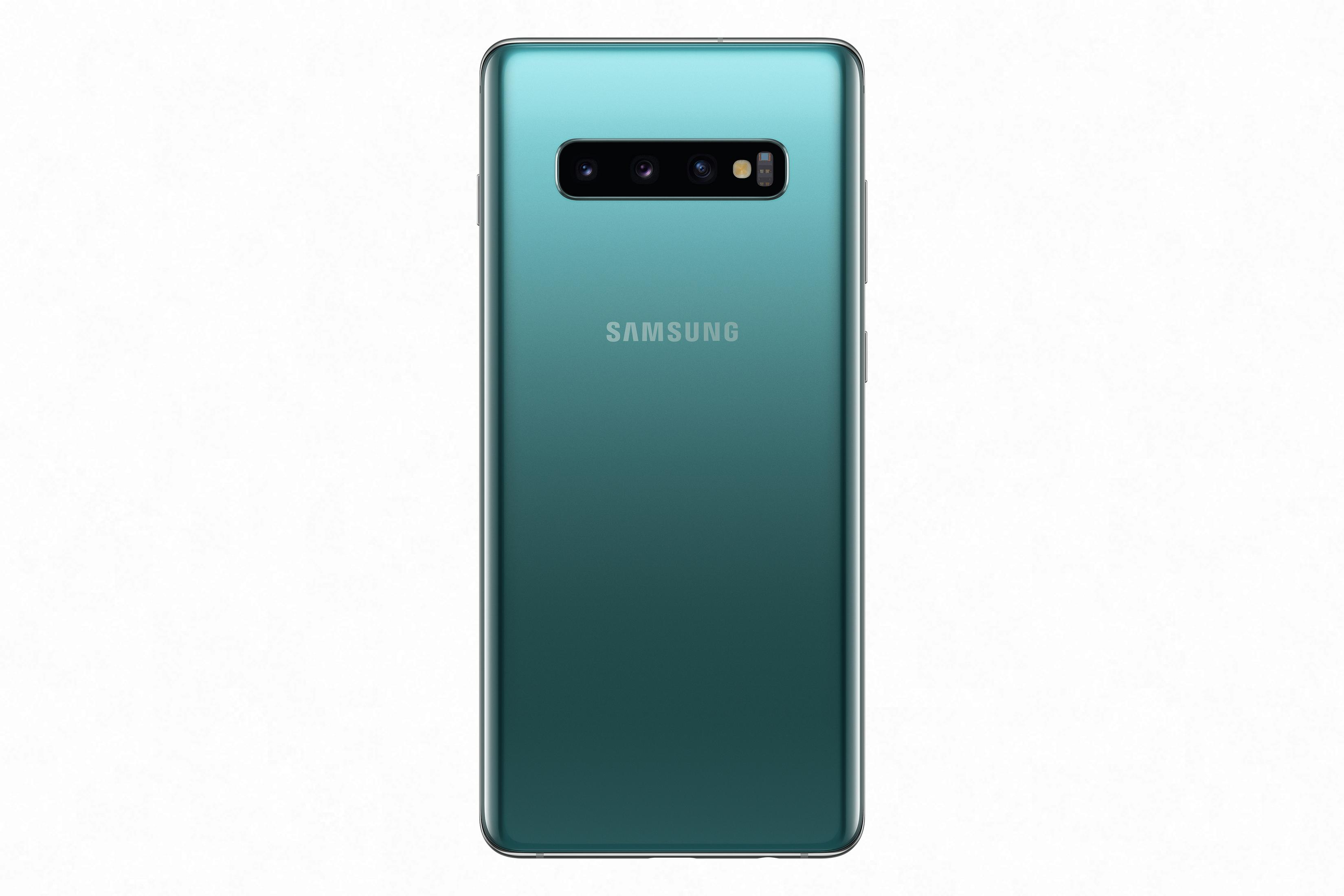 Ein türkisfarbenes Smartphone mit Dreifachkamera und Samsung-Logo auf weißem Hintergrund.