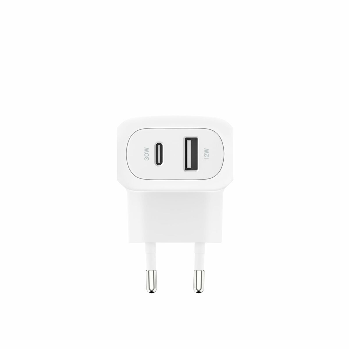 Un chargeur USB blanc avec deux ports, un USB-C et un USB-A.