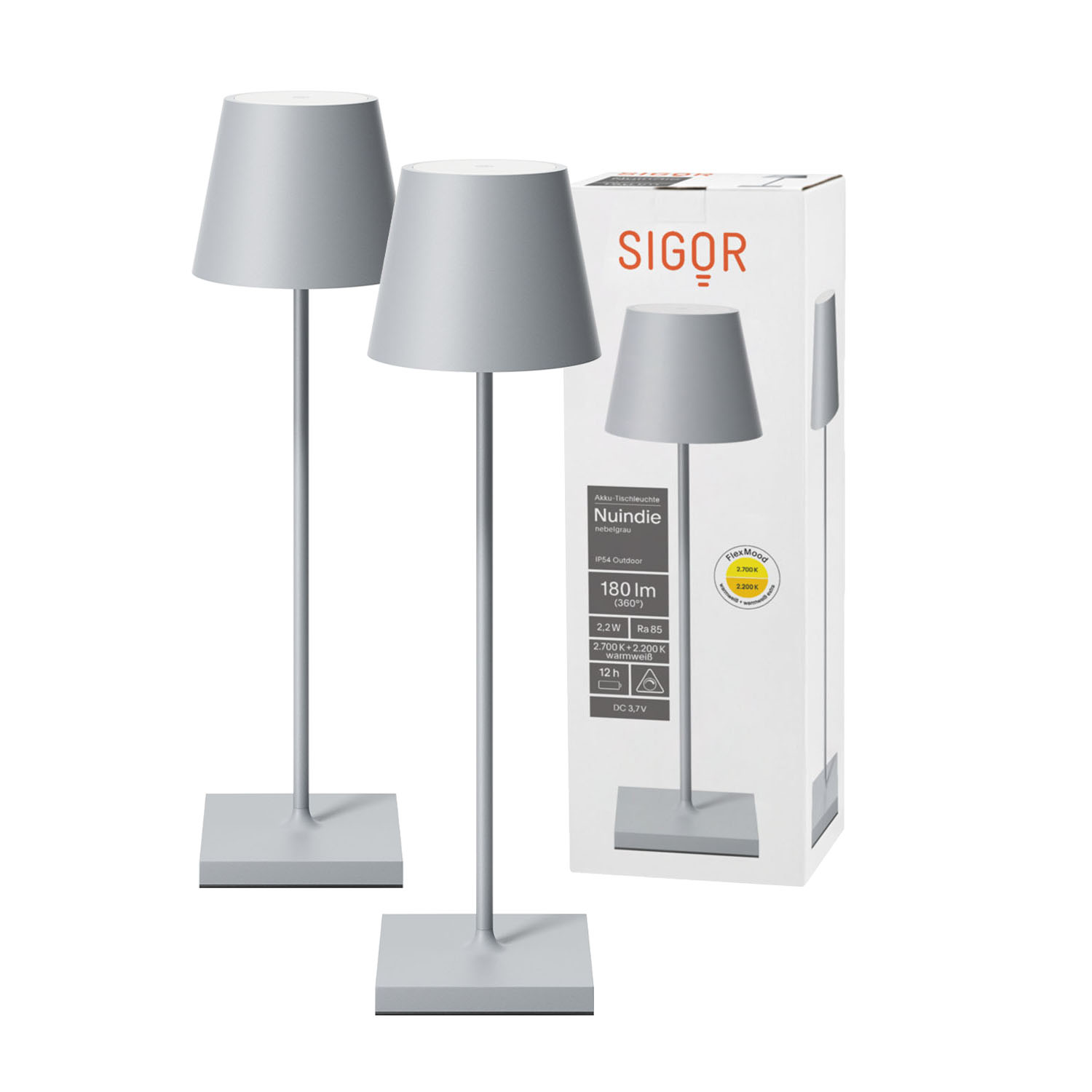 Zwei graue Außenlampen mit einer Box. Jede hat einen quadratischen Sockel und einen grauen Lampenschirm.