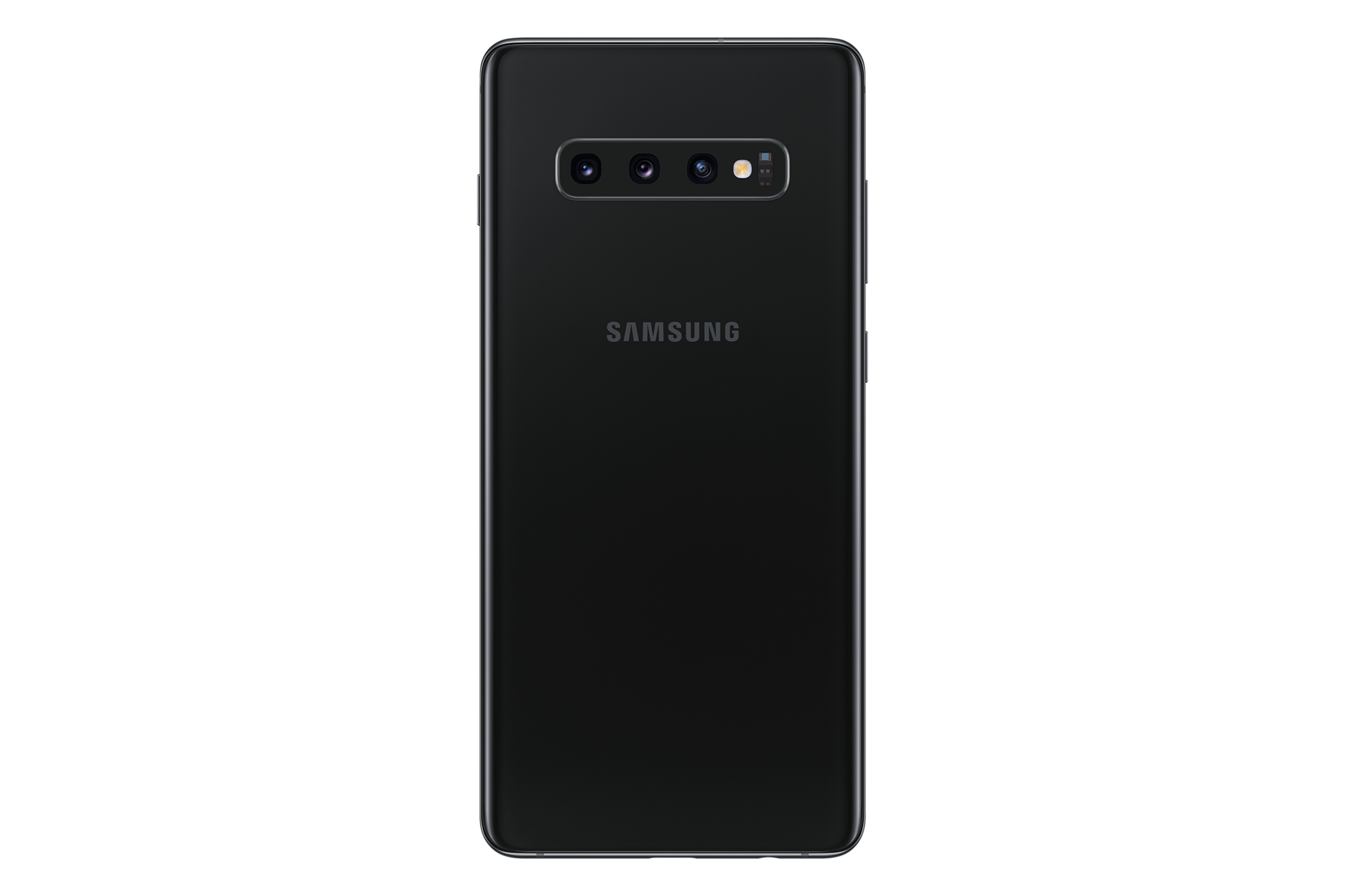 Ein schwarzes Smartphone mit drei Kameras. Auf der Rückseite steht das SAMSUNG-Logo.