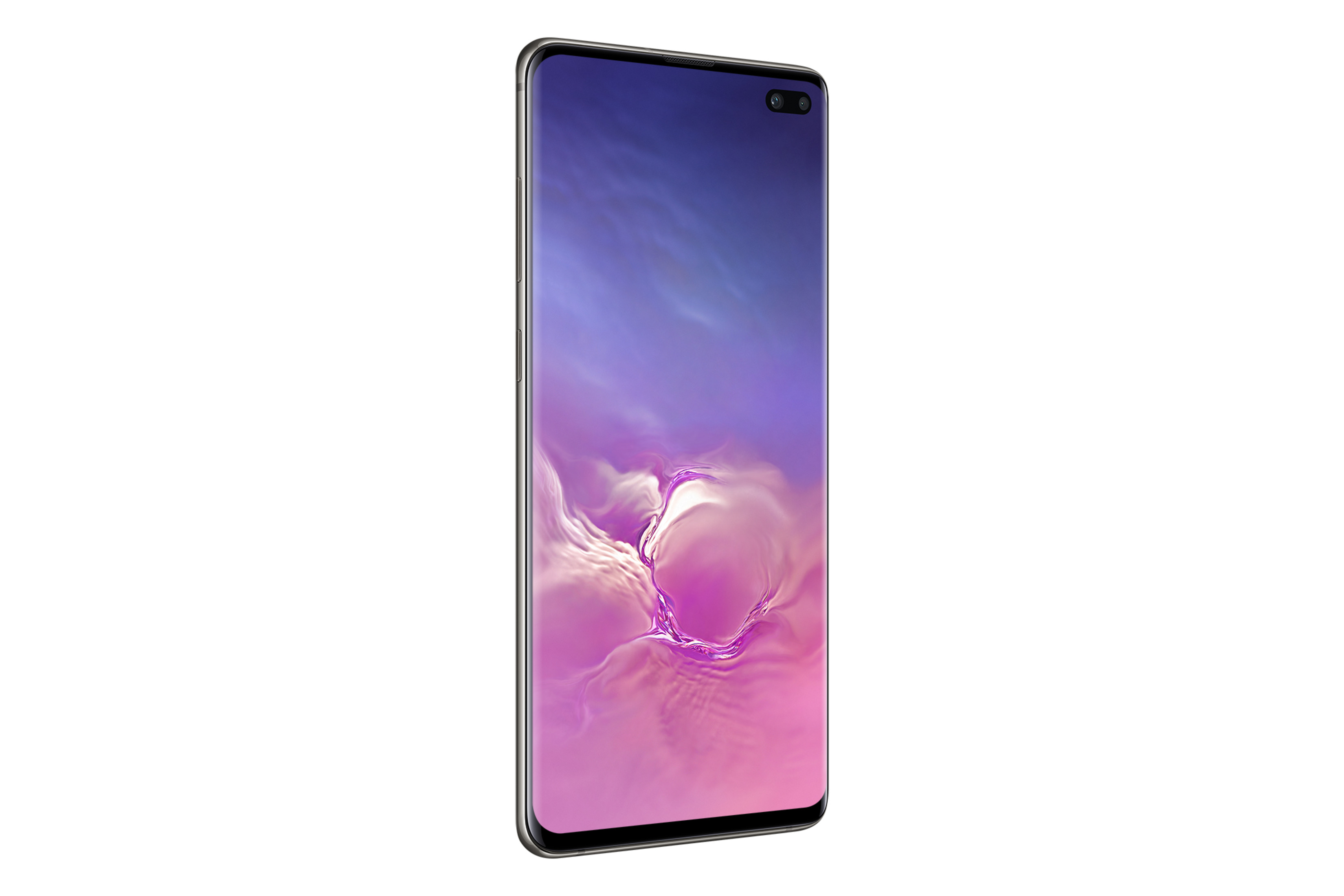 Ein abgewinkeltes Smartphone, das einen lila und blauen Bildschirm zeigt. Das Telefon hat einen silbernen Rahmen.