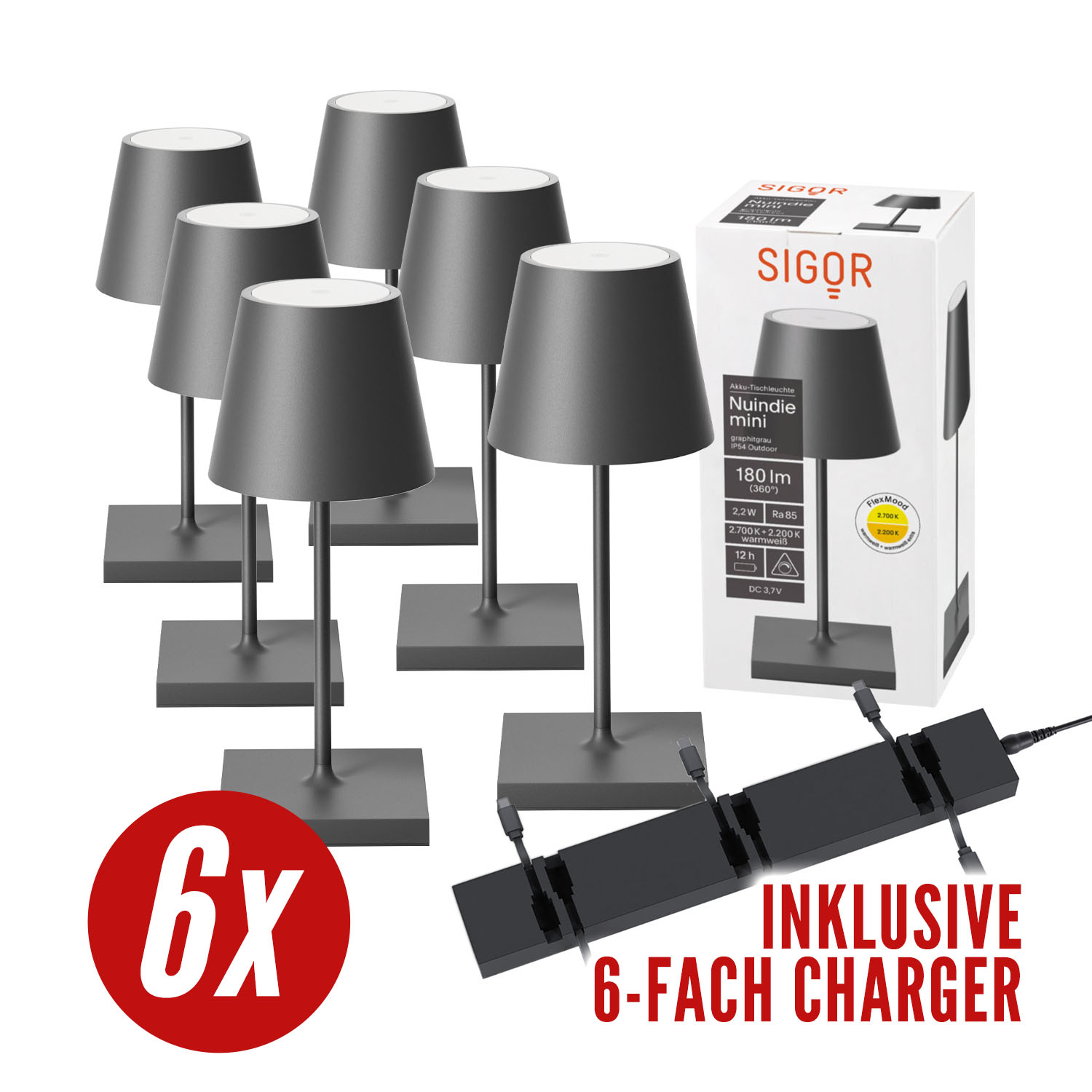 Sechs graue Tischlampen mit Ladestation und einer Schachtel mit der Aufschrift 'SIGOR'.