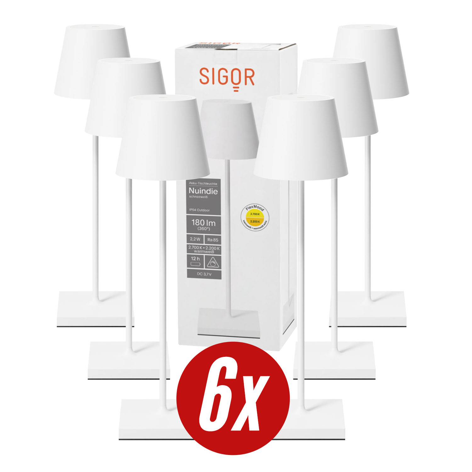 Set aus sechs weißen Lampen auf weißen Sockeln mit einer Box und einem roten Kreis mit 6x.